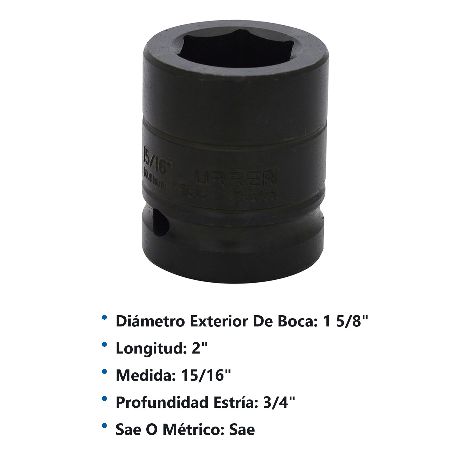Dado de impacto cuadro de 3/4", 6 puntas, en pulgadas, 15/16" Urrea - Imagen 2