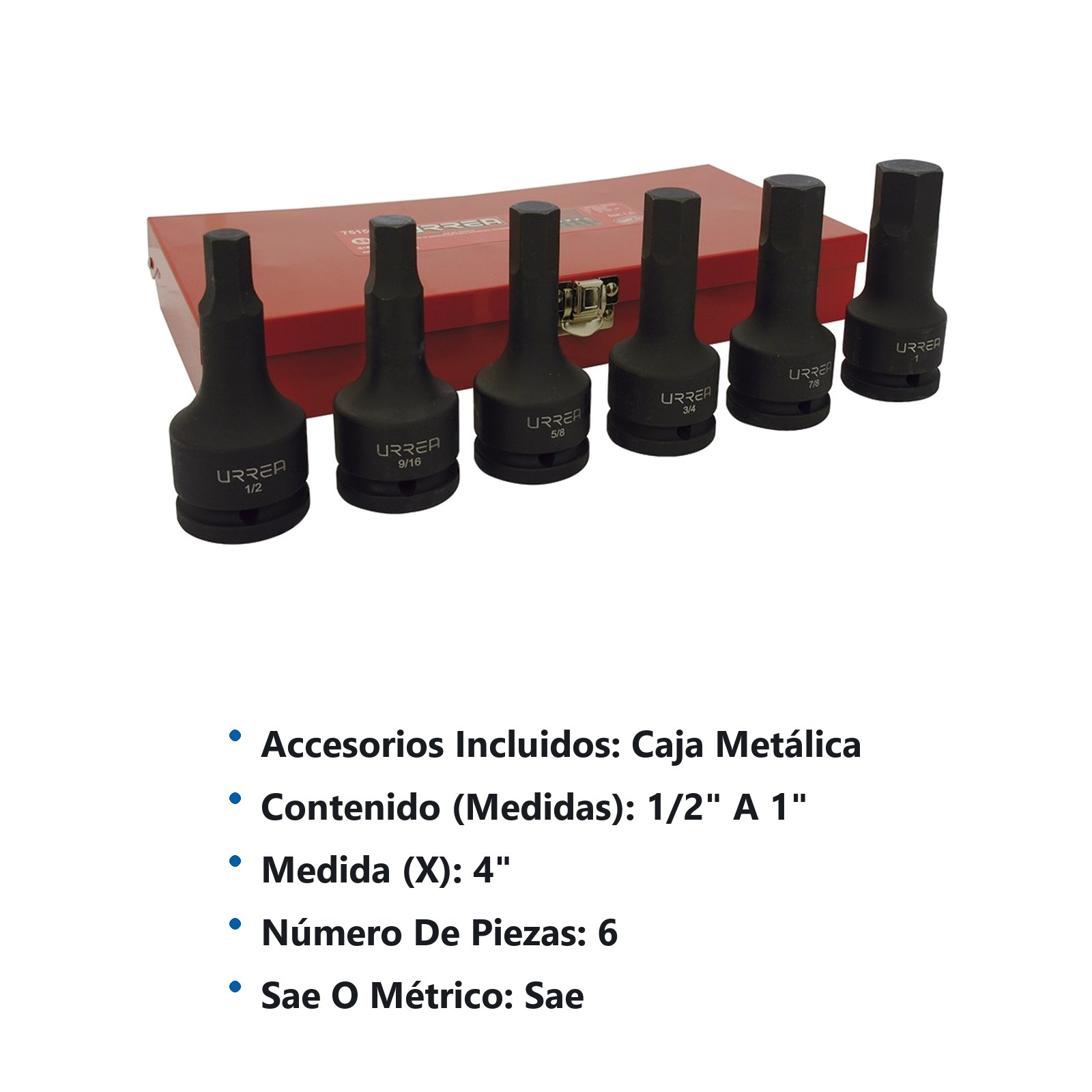 Juego de dados de impacto con punta hexagonal cuadro de 3/4", en pulgadas, 6 piezas Urrea - Imagen 3
