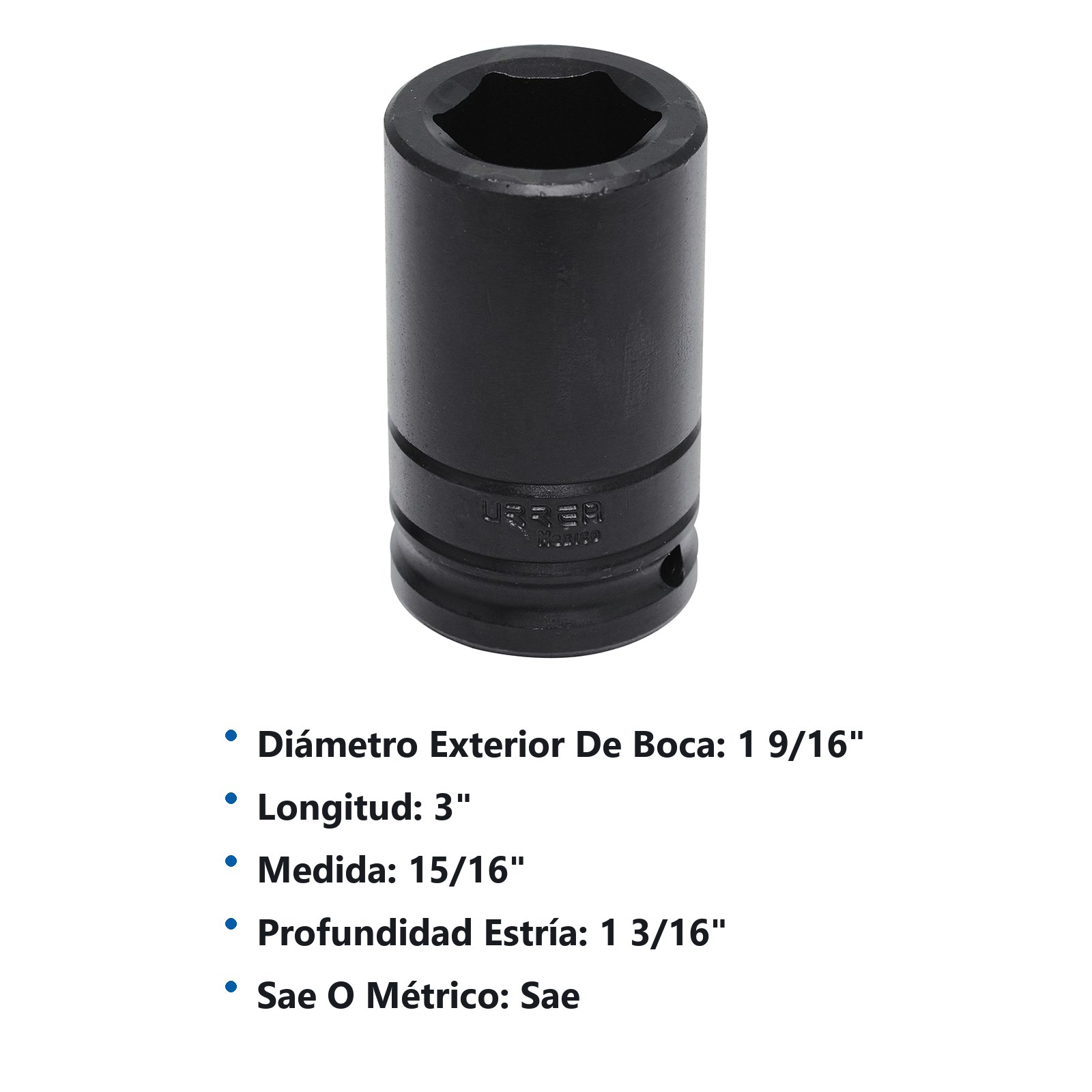Dado de impacto largo cuadro de 3/4", 6 puntas, en pulgadas, 15/16" Urrea - Imagen 2