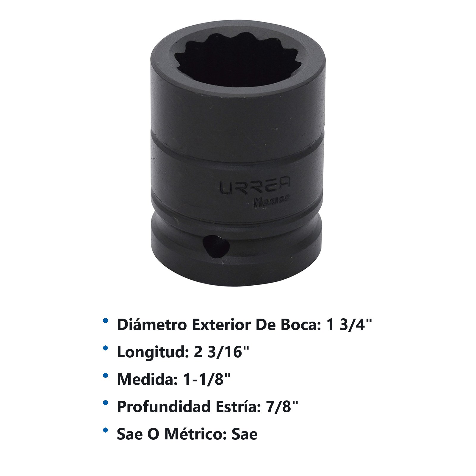 Dado de impacto cuadro de 3/4", 12 puntas, en pulgadas, 1-1/8" Urrea - Imagen 2