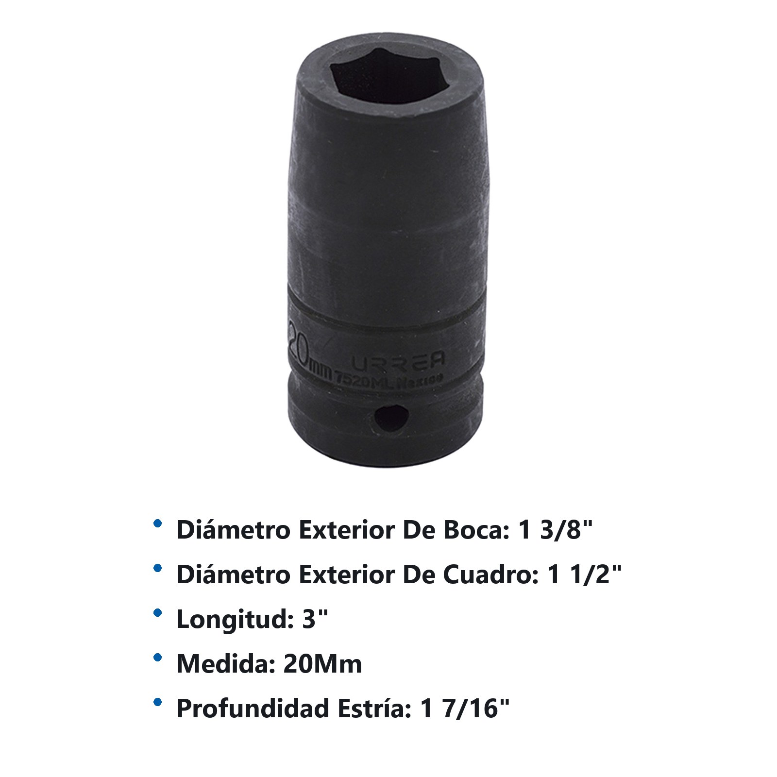 Dado de impacto largo cuadro de 3/4", 6 puntas, métrico, 20 mm Urrea - Imagen 2