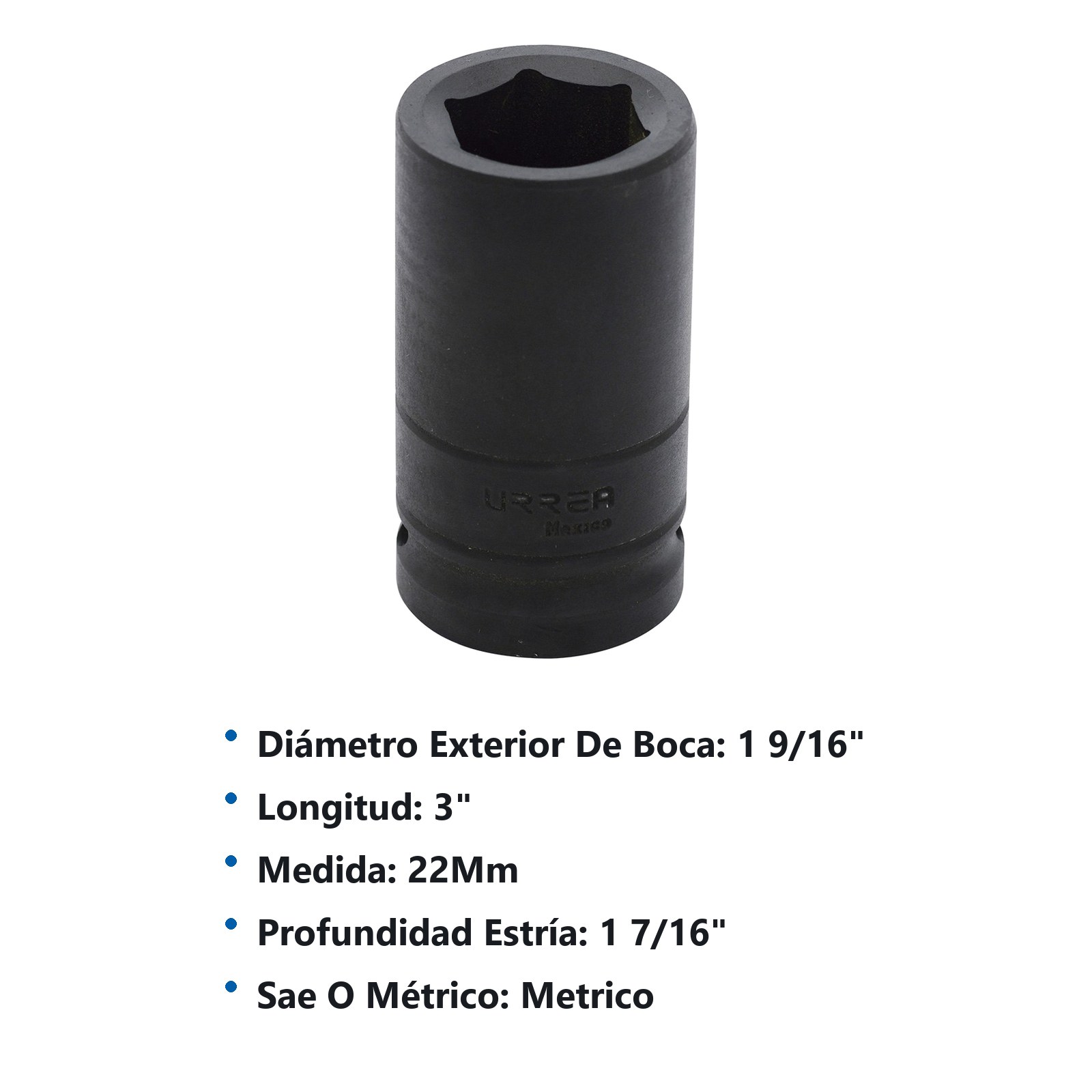 Dado de impacto largo cuadro de 3/4", 6 puntas, métrico, 22 mm Urrea - Imagen 3