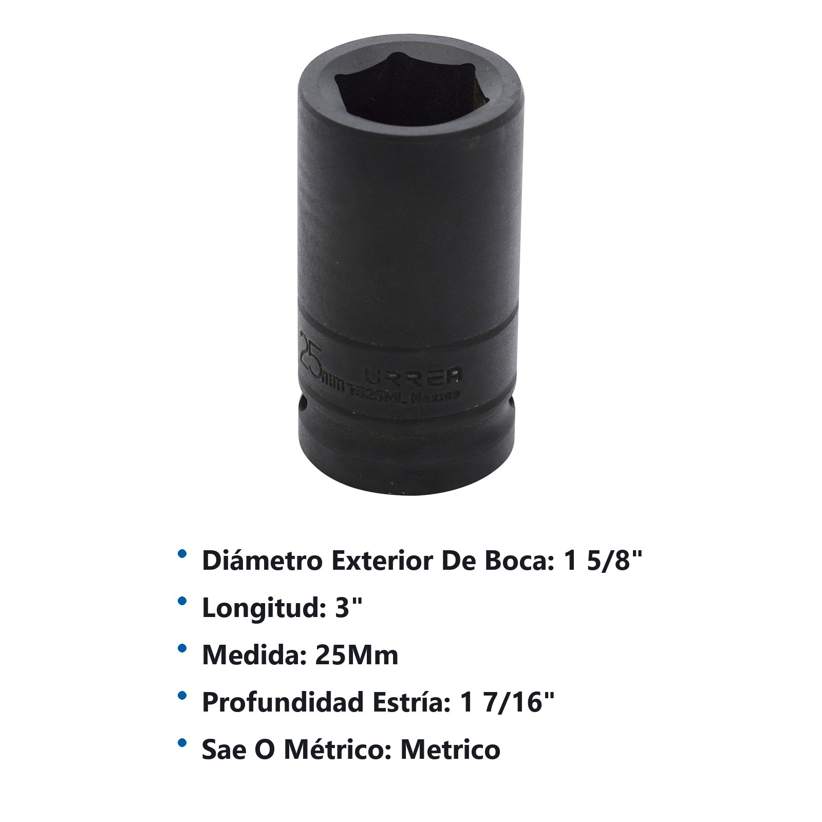 Dado de impacto largo cuadro de 3/4", 6 puntas, métrico, 25 mm Urrea - Imagen 2