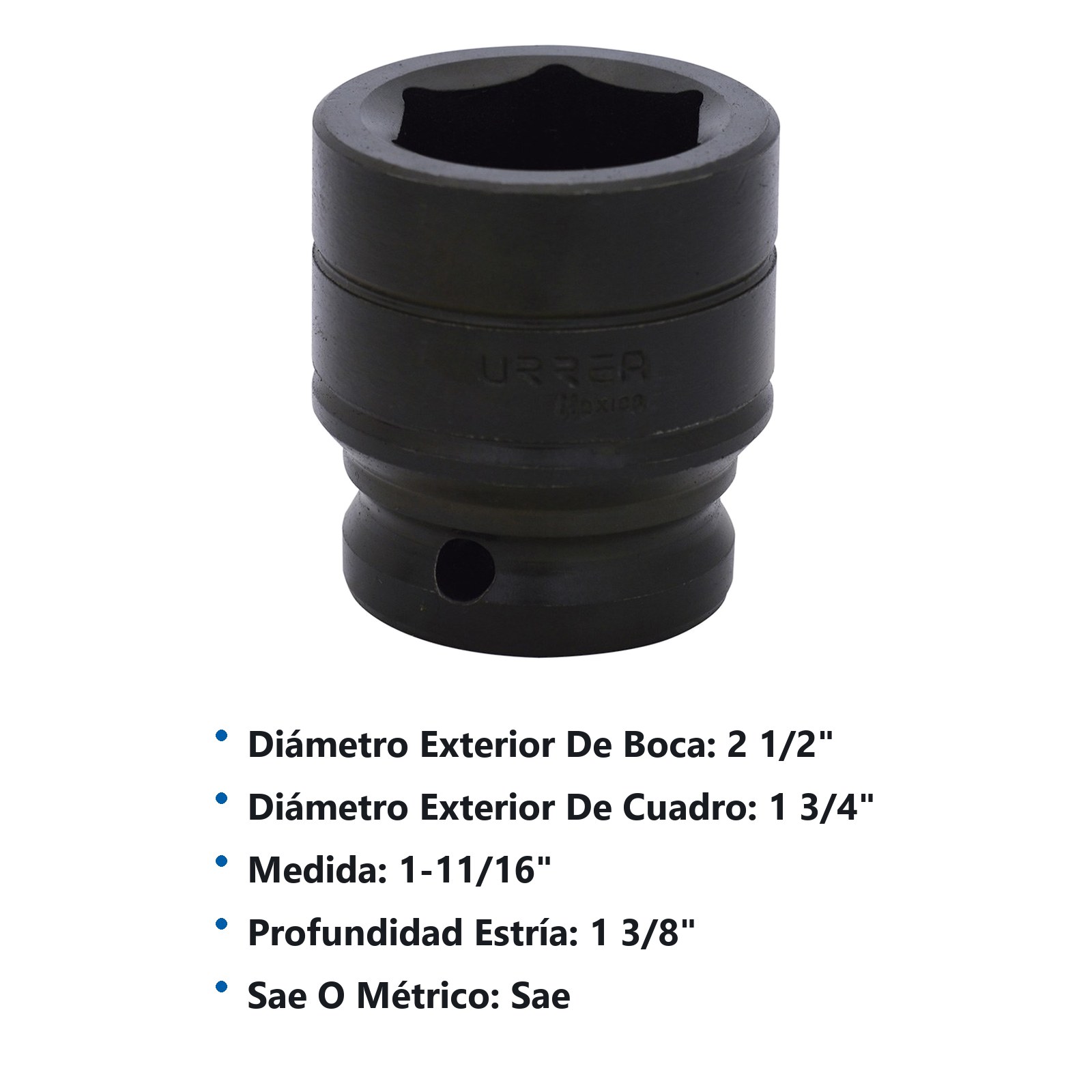 Dado de impacto cuadro de 3/4", 6 puntas, en pulgadas, 1-11/16" Urrea - Imagen 2