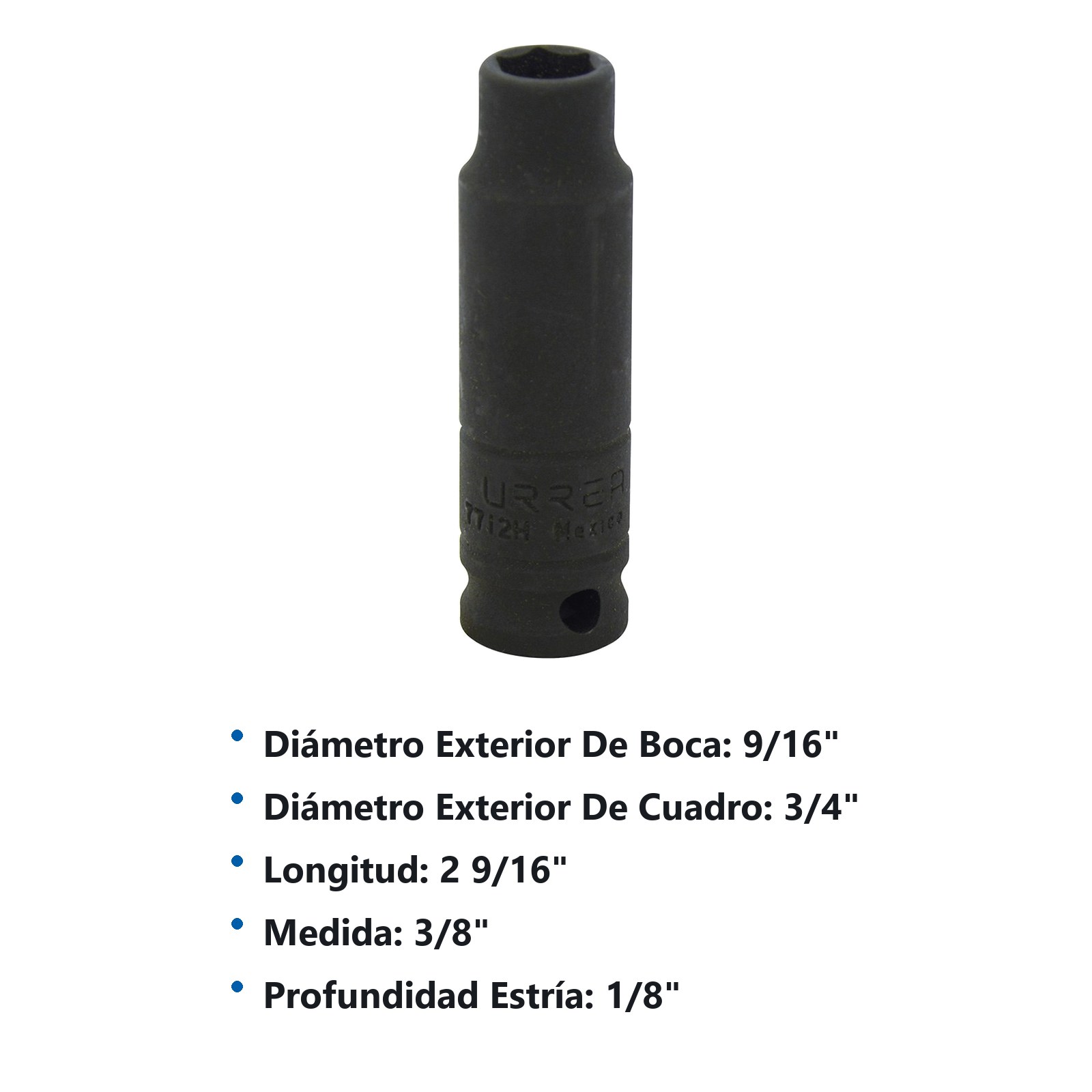 Dado de impacto largo cuadro de 3/8", 6 puntas, en pulgadas, 3/8" Urrea - Imagen 3