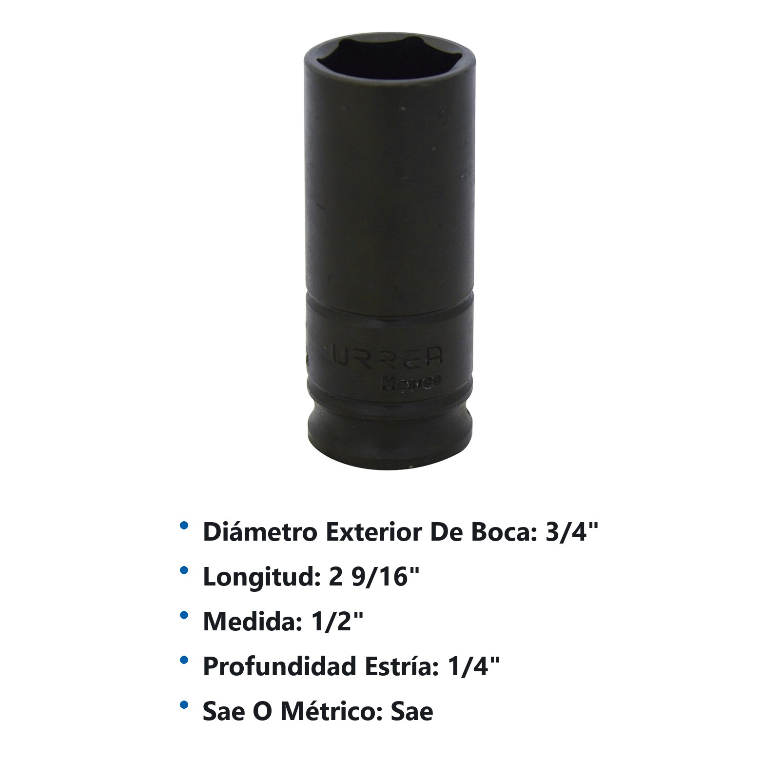 Dado de impacto largo cuadro de 3/8", 6 puntas, en pulgadas, 1/2" Urrea - Imagen 3