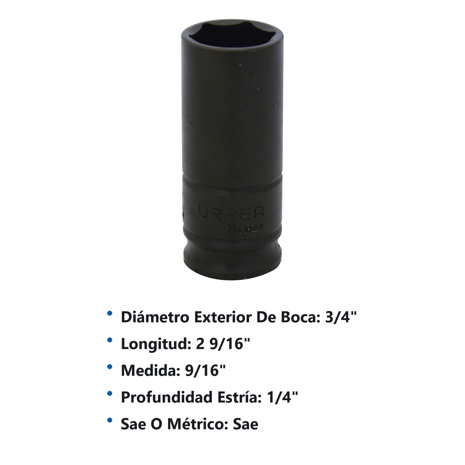 Dado de impacto largo cuadro de 3/8", 6 puntas, en pulgadas, 9/16" Urrea - Imagen 3