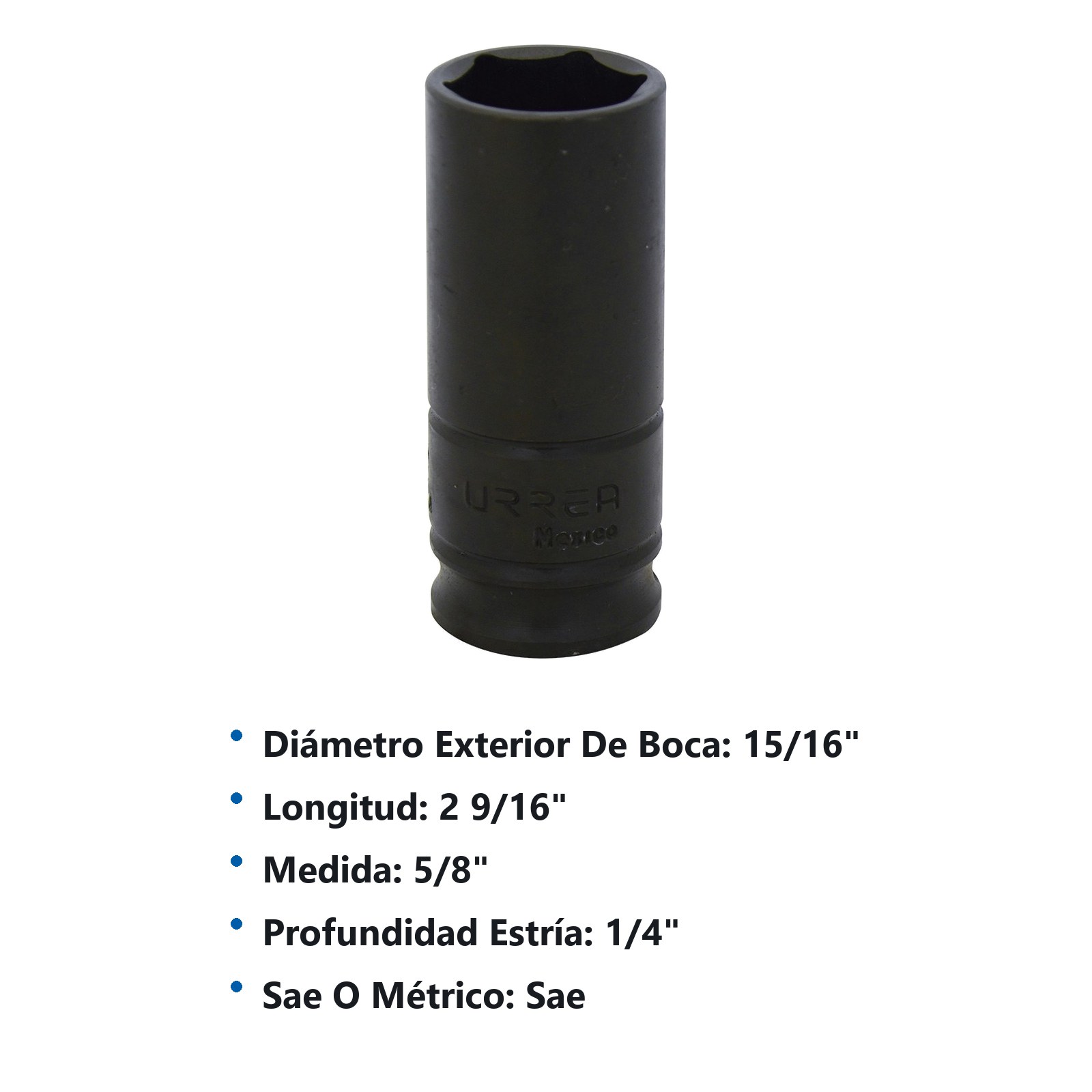 Dado de impacto largo cuadro de 3/8", 6 puntas, en pulgadas, 5/8" Urrea - Imagen 3