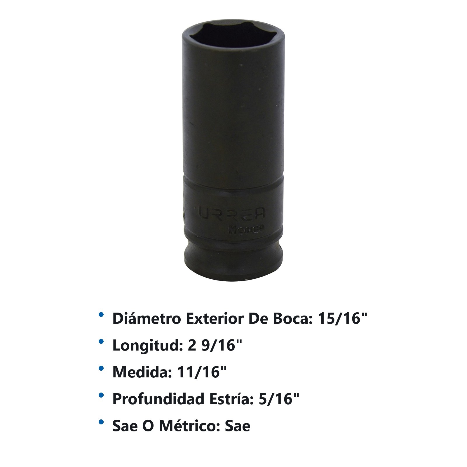 Dado de impacto largo cuadro de 3/8", 6 puntas, en pulgadas, 11/16" Urrea - Imagen 3