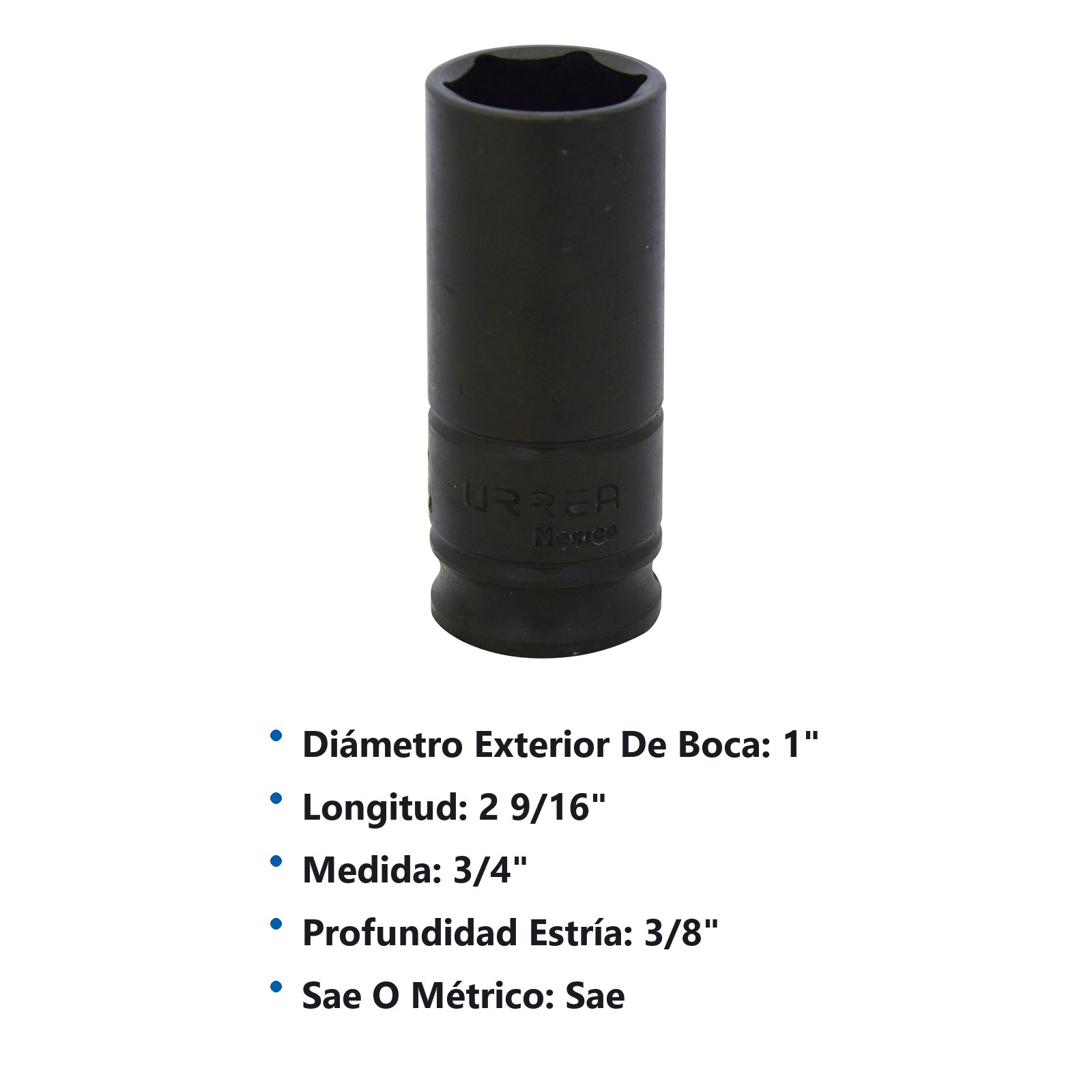 Dado de impacto largo cuadro de 3/8", 6 puntas, en pulgadas, 3/4" Urrea - Imagen 3