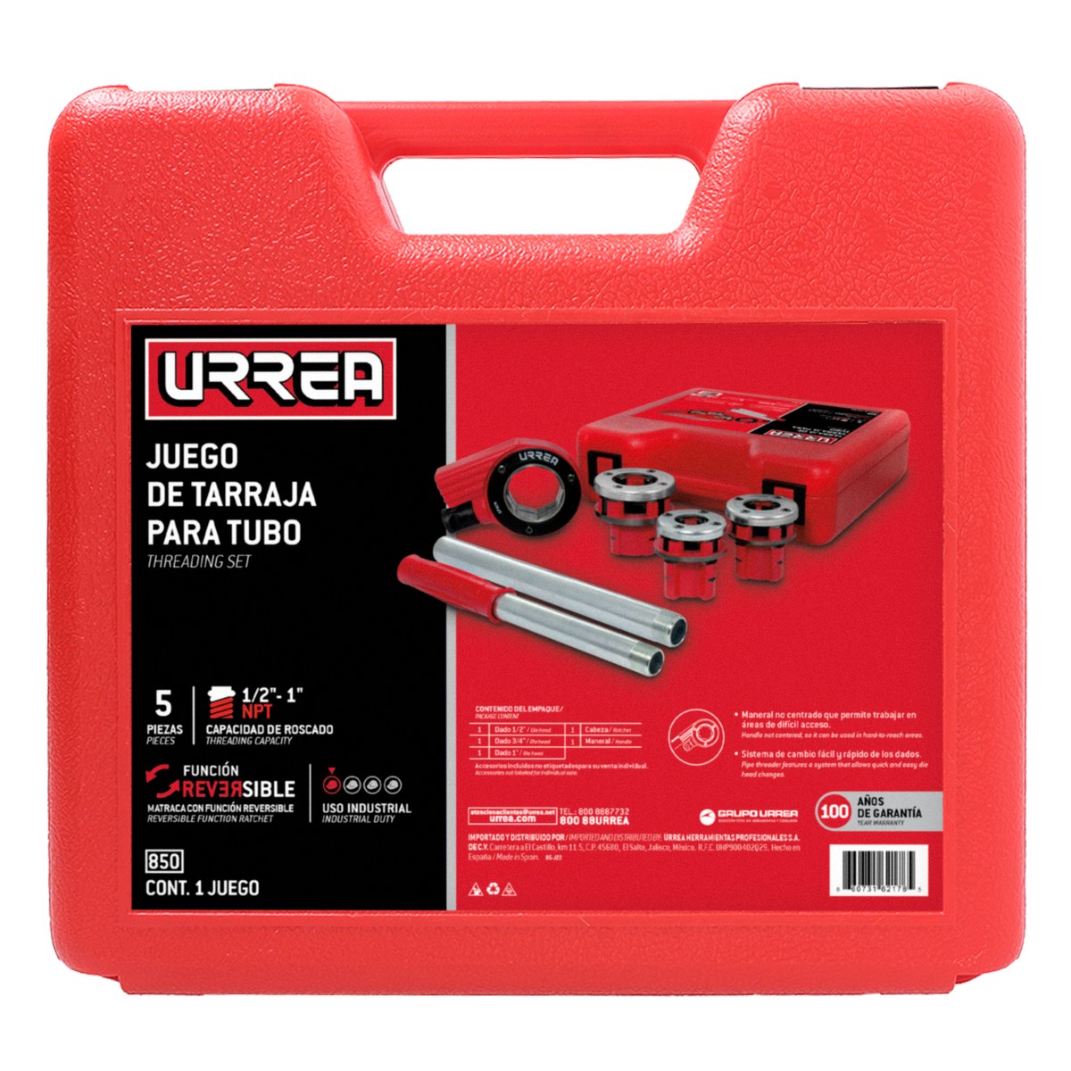 Juego de tarraja para tubo de 1/2" a 1" NPT, 5 piezas Urrea - Imagen 2