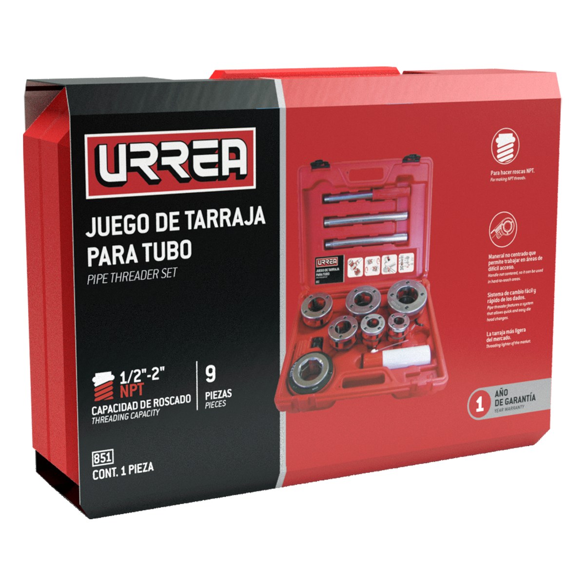 Juego de tarraja para tubo de 1/2" a 2" NPT, 9 piezas Urrea - Imagen 2