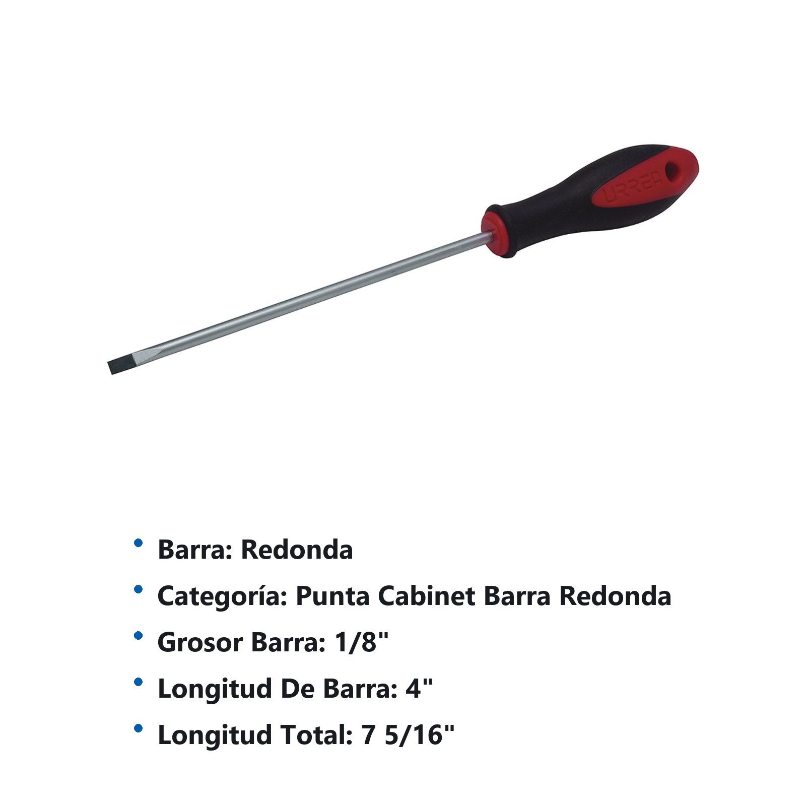 Destornillador con mango bimaterial, punta cabinet barra redonda 1/8" x 4" Urrea - Imagen 2