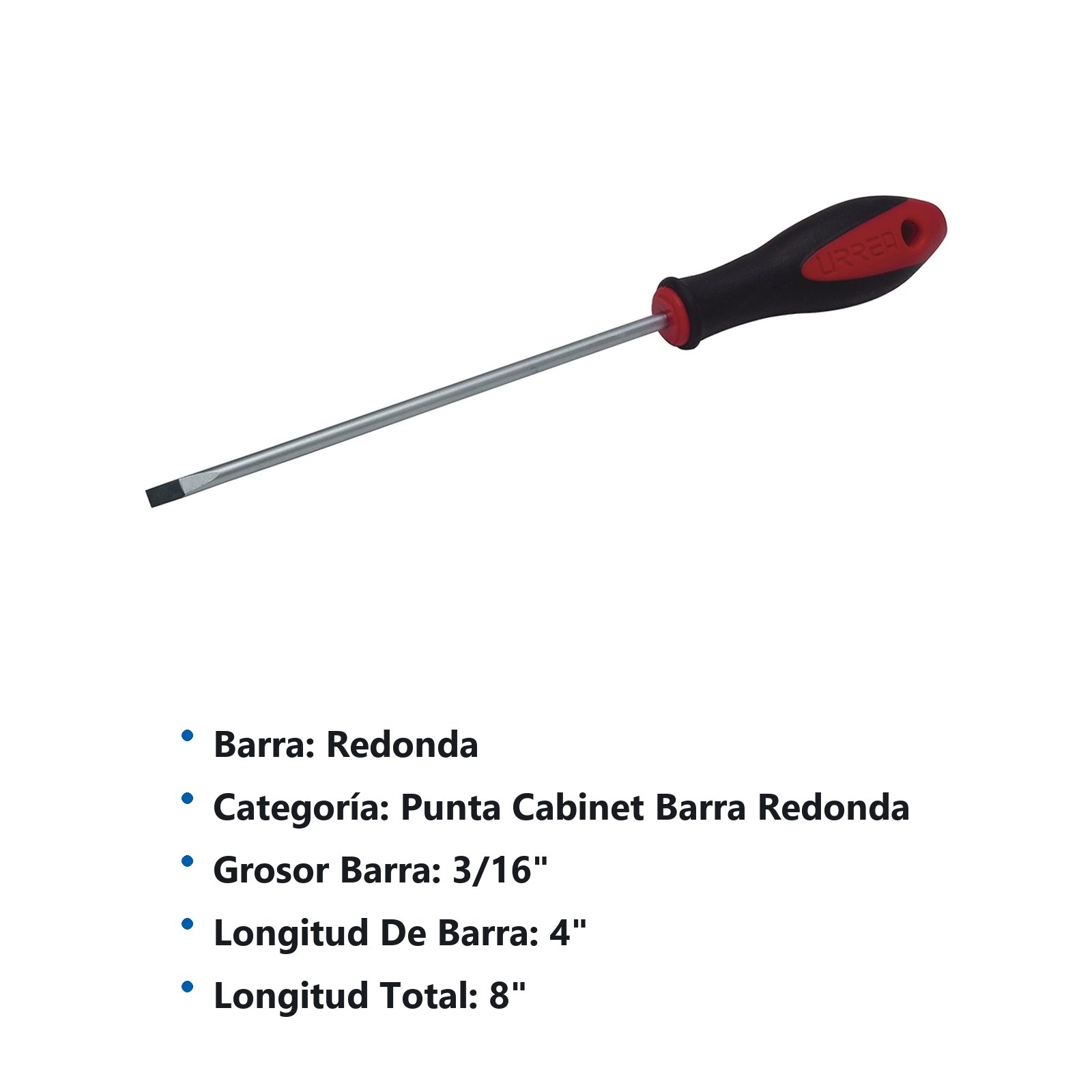 Destornillador con mango bimaterial, punta cabinet barra redonda 3/16" x 4" Urrea - Imagen 2