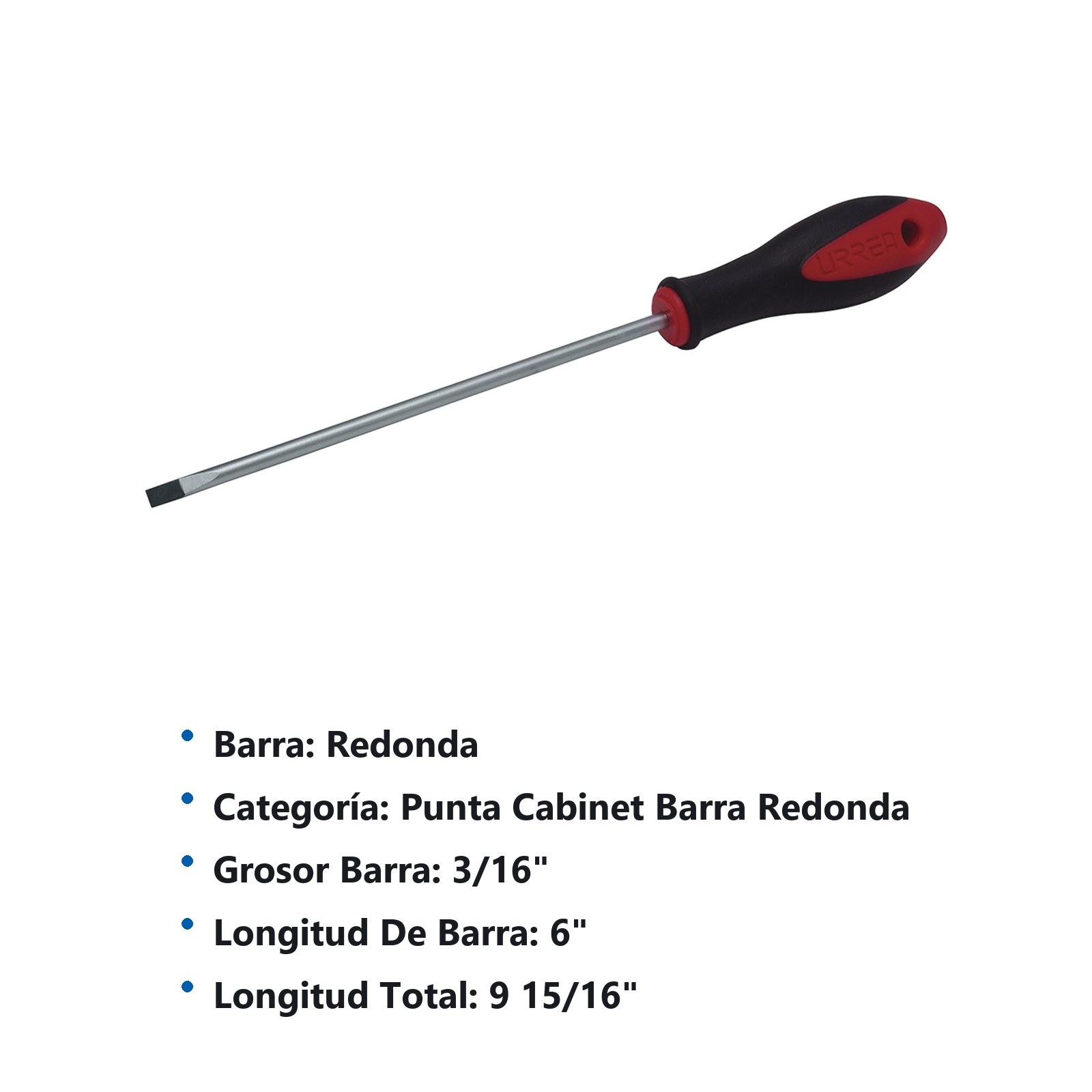 Destornillador con mango bimaterial, punta cabinet barra redonda 3/16" x 6" Urrea - Imagen 2