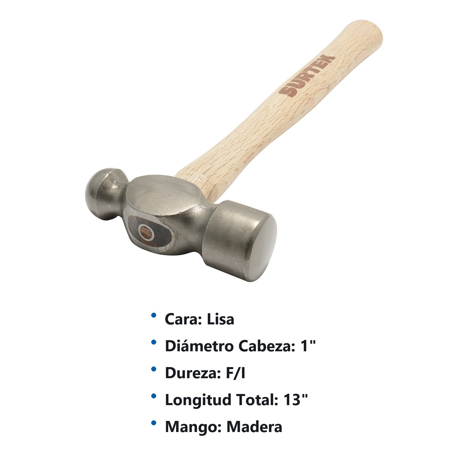 Martillo de bola pulido con mango de madera de encino de 13", 8 oz Surtek - Imagen 3