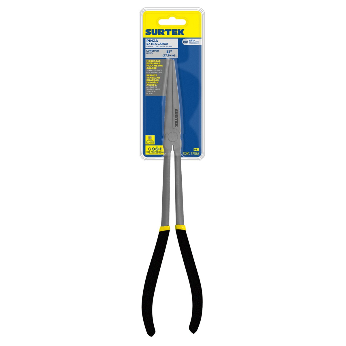 Pinza para electricista con mango doble plastisol de 11" punta extra larga Surtek - Imagen 2