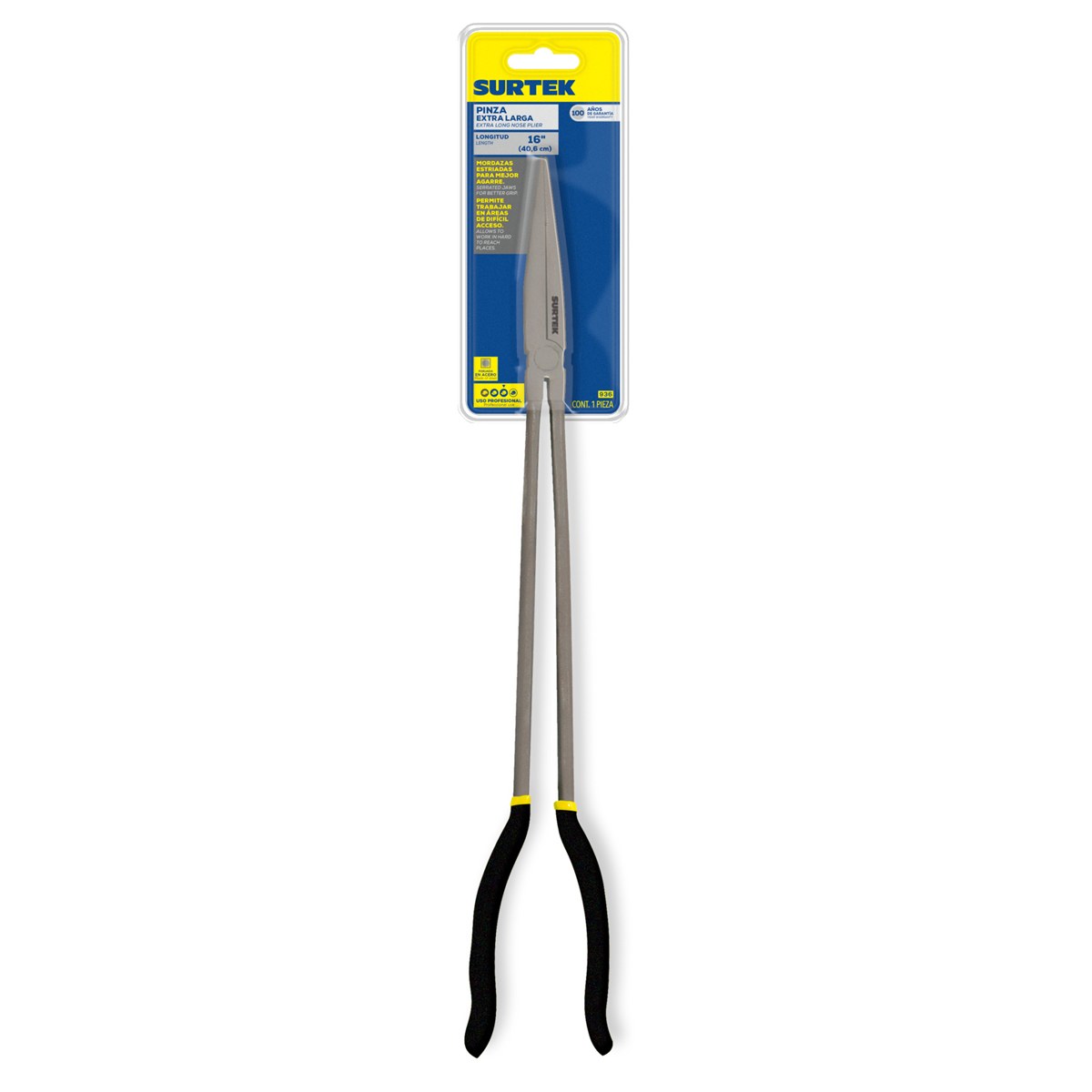 Pinza para electricista con mango doble plastisol de 16" punta extra larga Surtek - Imagen 2