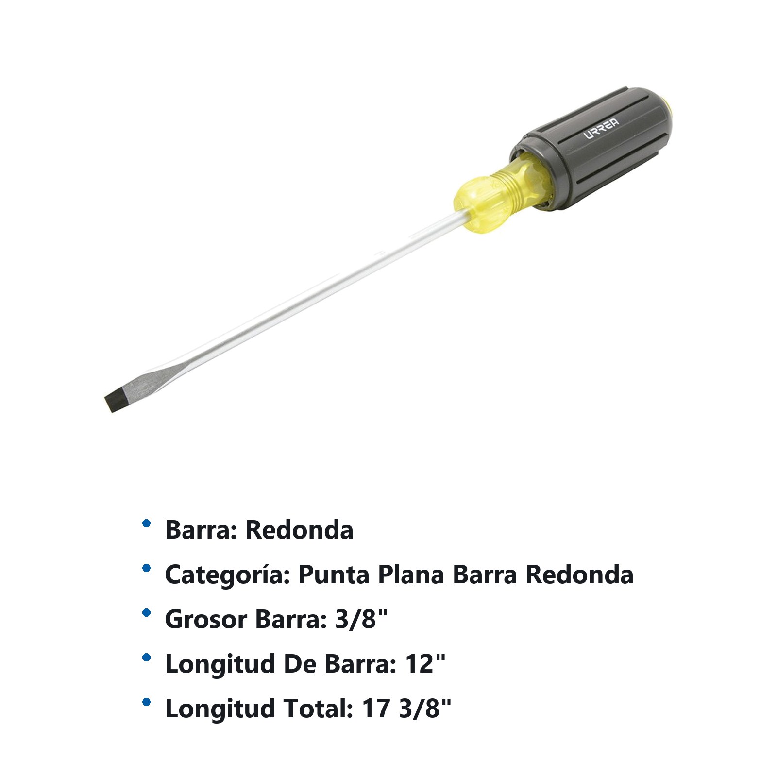 Destornillador con mango cushion grip, punta plana barra redonda 3/8" x 12" Urrea - Imagen 2