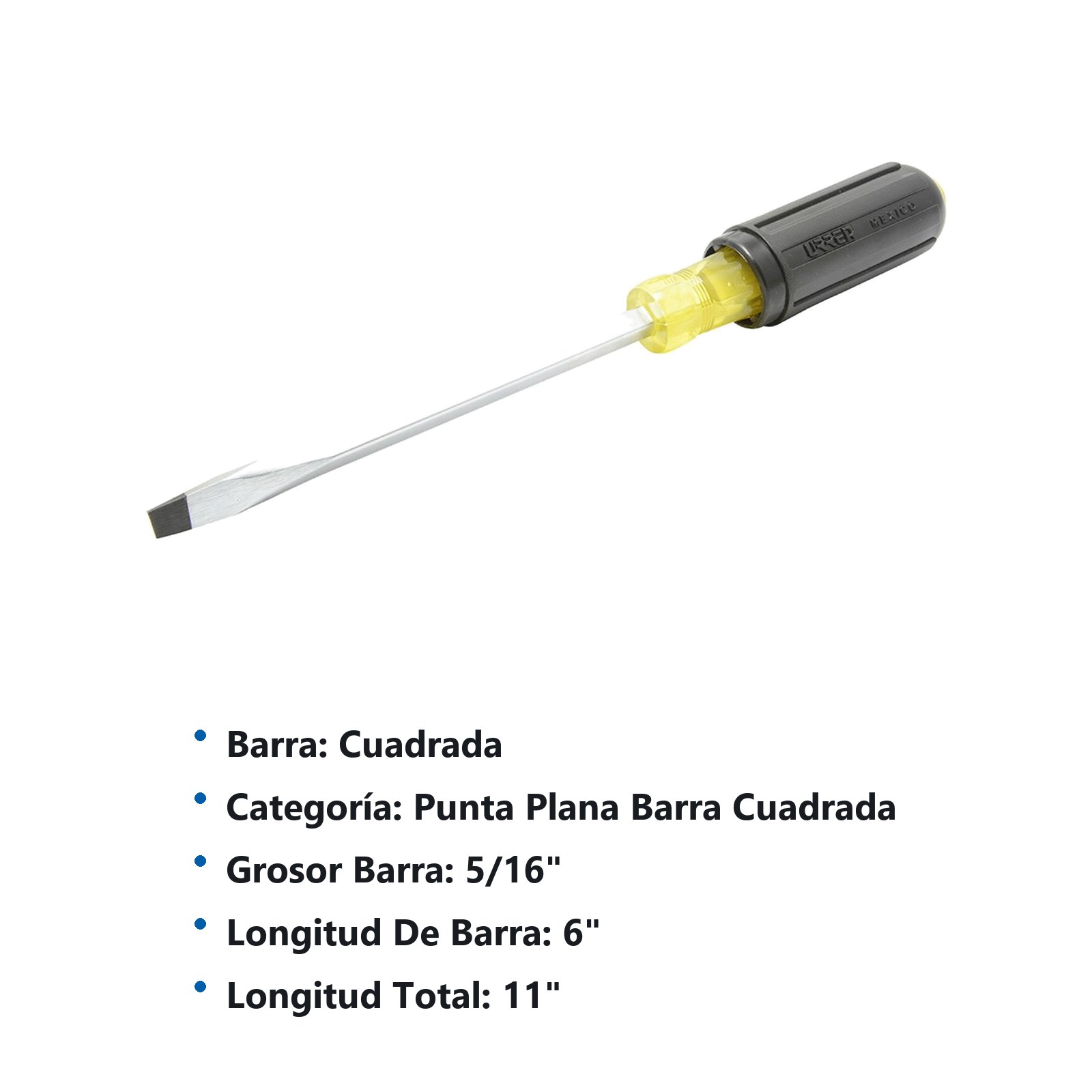 Destornillador con mango cushion grip, punta plana barra cuadrada 5/16" x 6" Urrea - Imagen 2