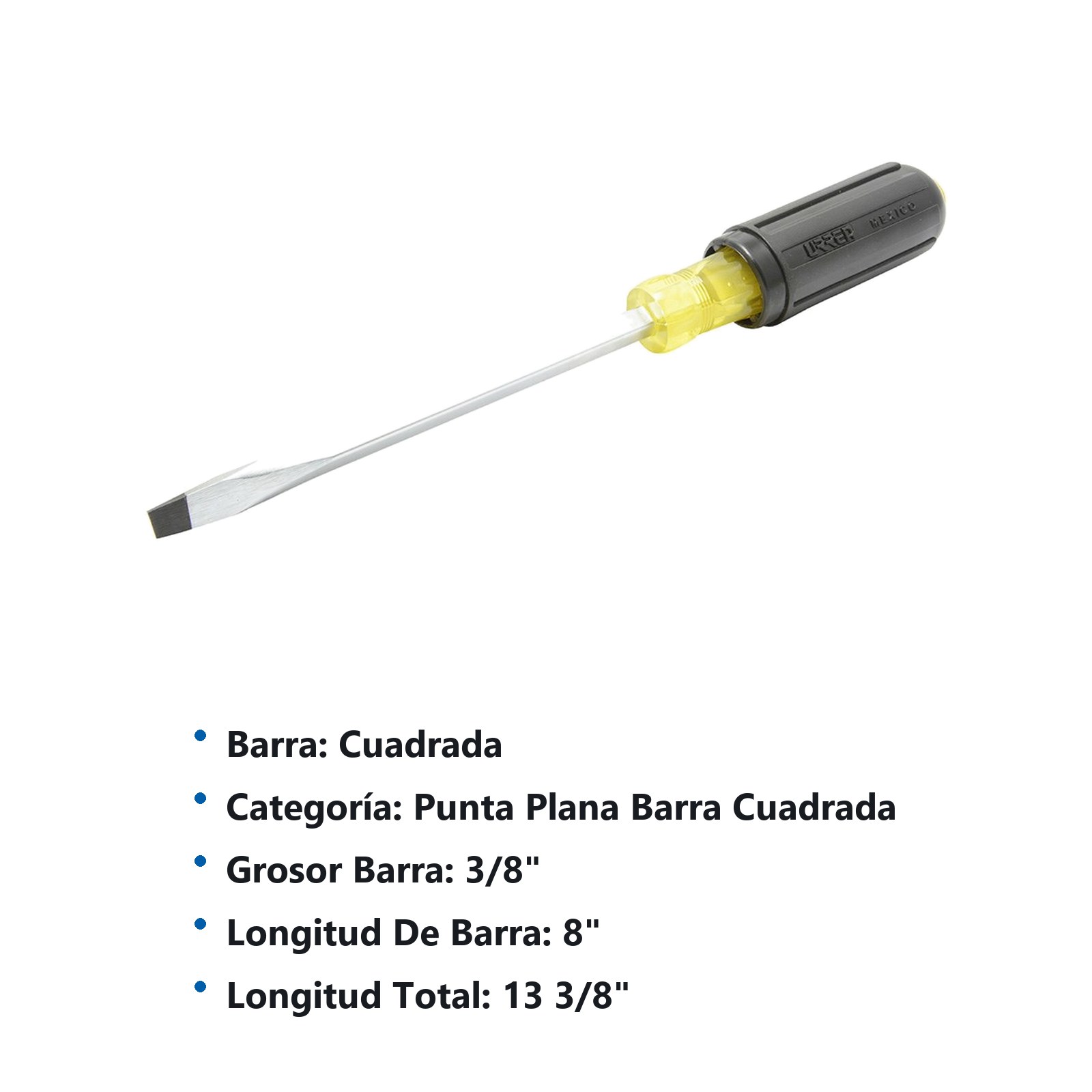 Destornillador con mango cushion grip, punta plana barra cuadrada 3/8" x 8" Urrea - Imagen 2