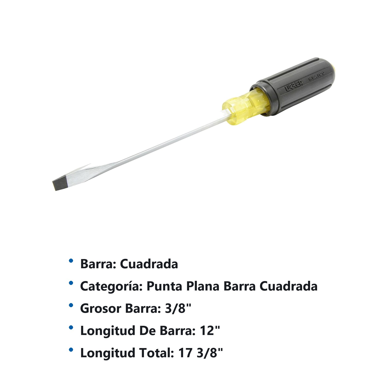 Destornillador con mango cushion grip, punta plana barra cuadrada 3/8" x 12" Urrea - Imagen 2