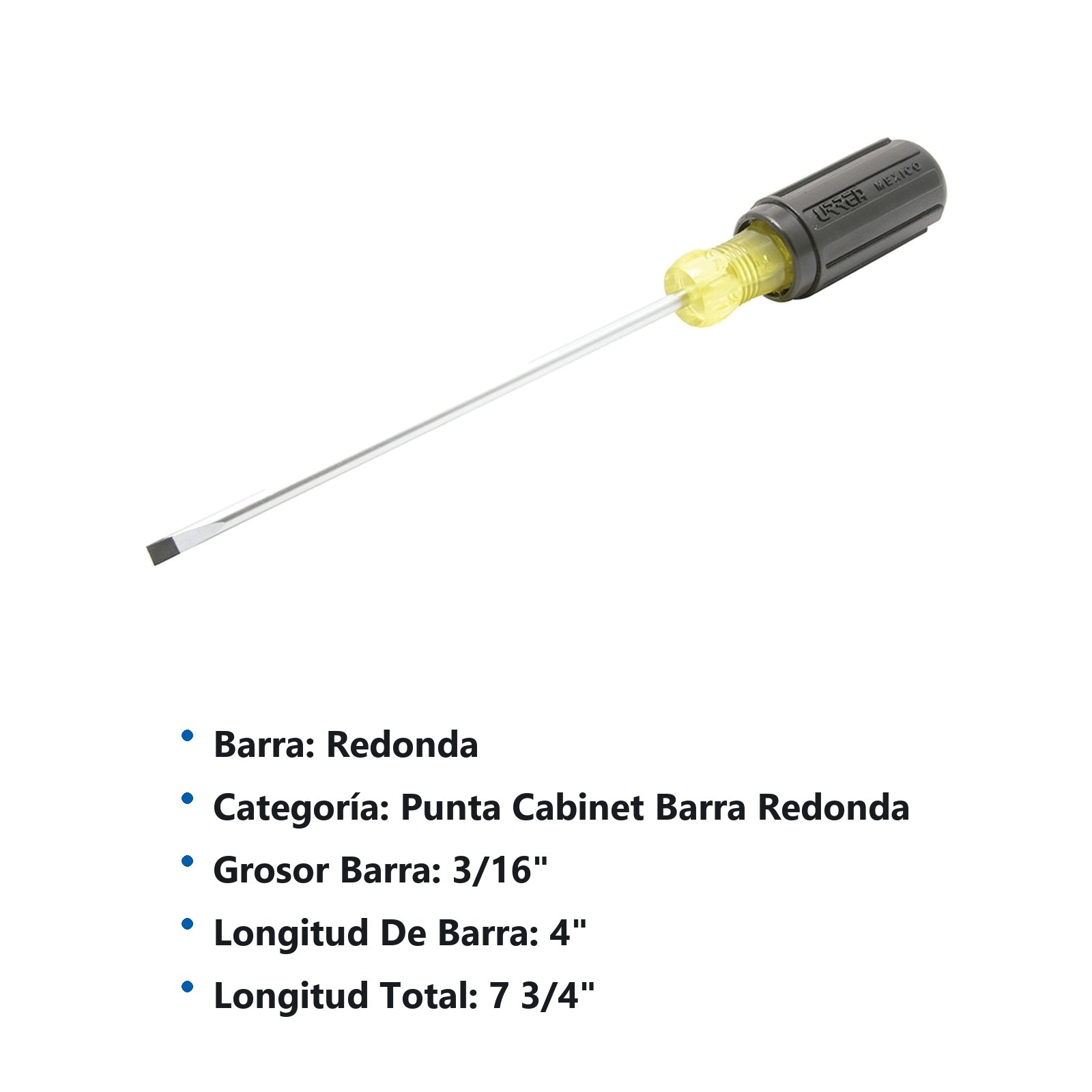 Destornillador con mango cushion grip, punta cabinet barra redonda 3/16" x 4" Urrea - Imagen 2