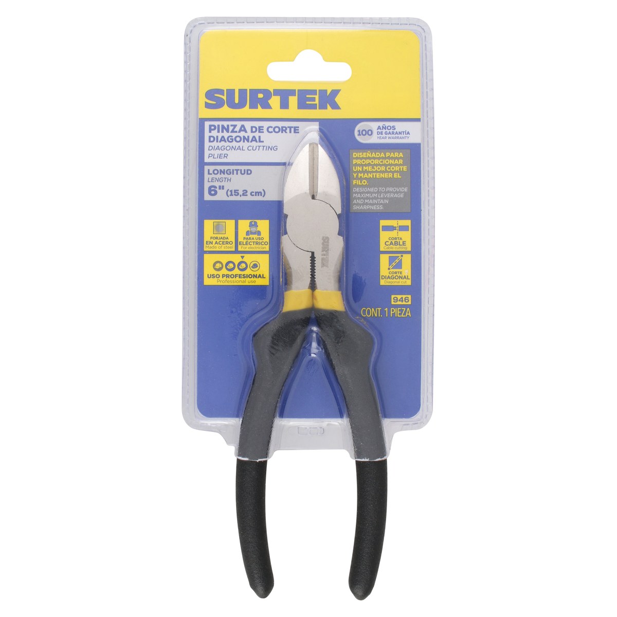 Pinza para electricista con mango rubber grip de 6" corte diagonal Surtek - Imagen 2