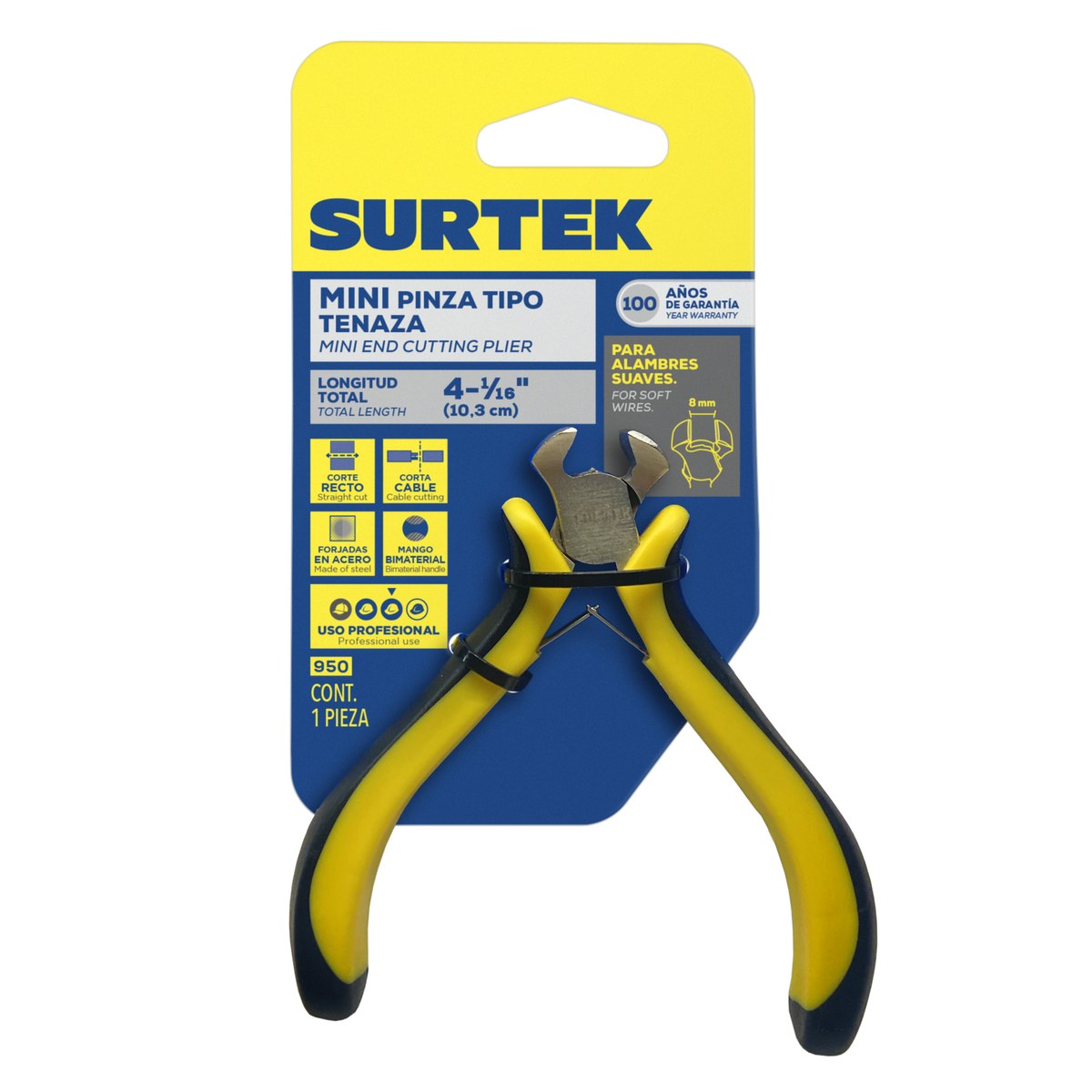 Mini pinza para electrónica con mango bimaterial de 4-1/16" corte transversal Surtek - Imagen 2