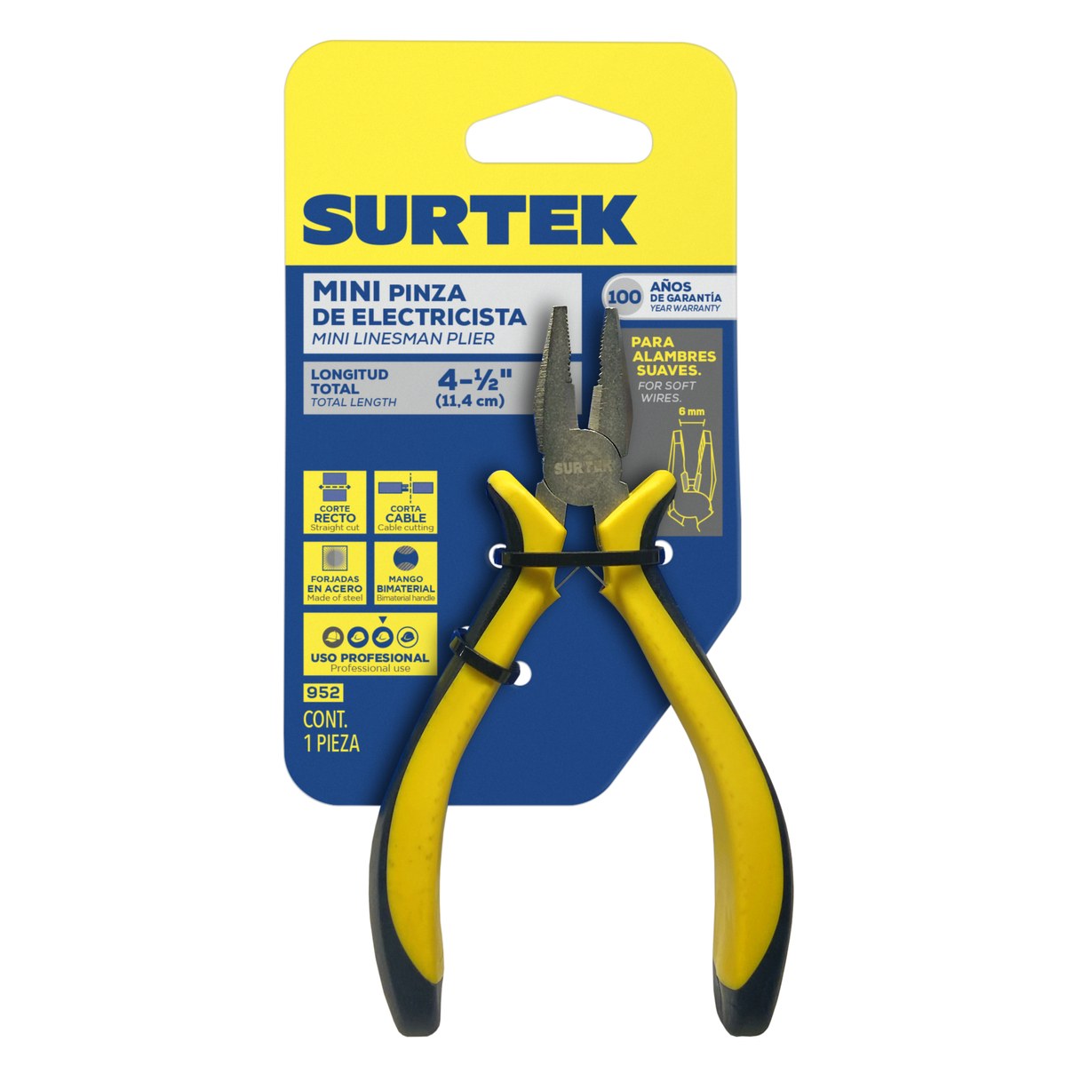 Mini pinza para electrónica con mango bimaterial de 4-1/2" corte lateral Surtek - Imagen 2