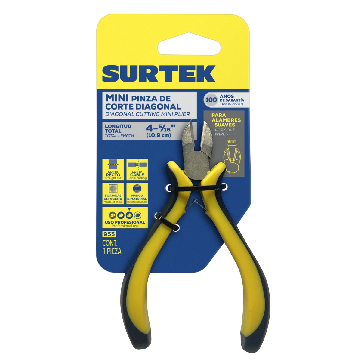 Mini pinza para electrónica con mango bimaterial de 4-5/16" corte diagonal Surtek - Imagen 2