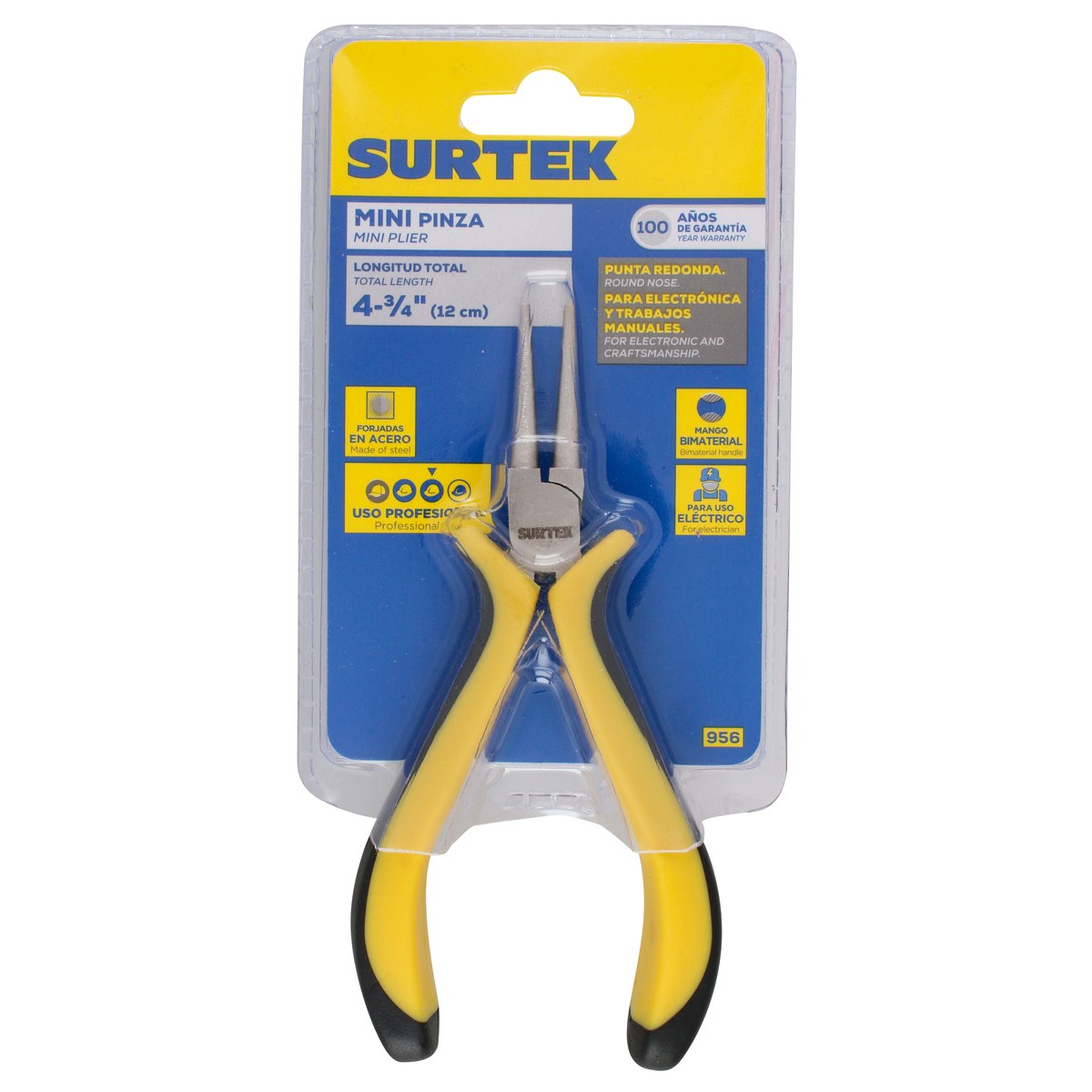 Mini pinza para electrónica con mango bimaterial de 4-3/4" punta redonda Surtek - Imagen 3