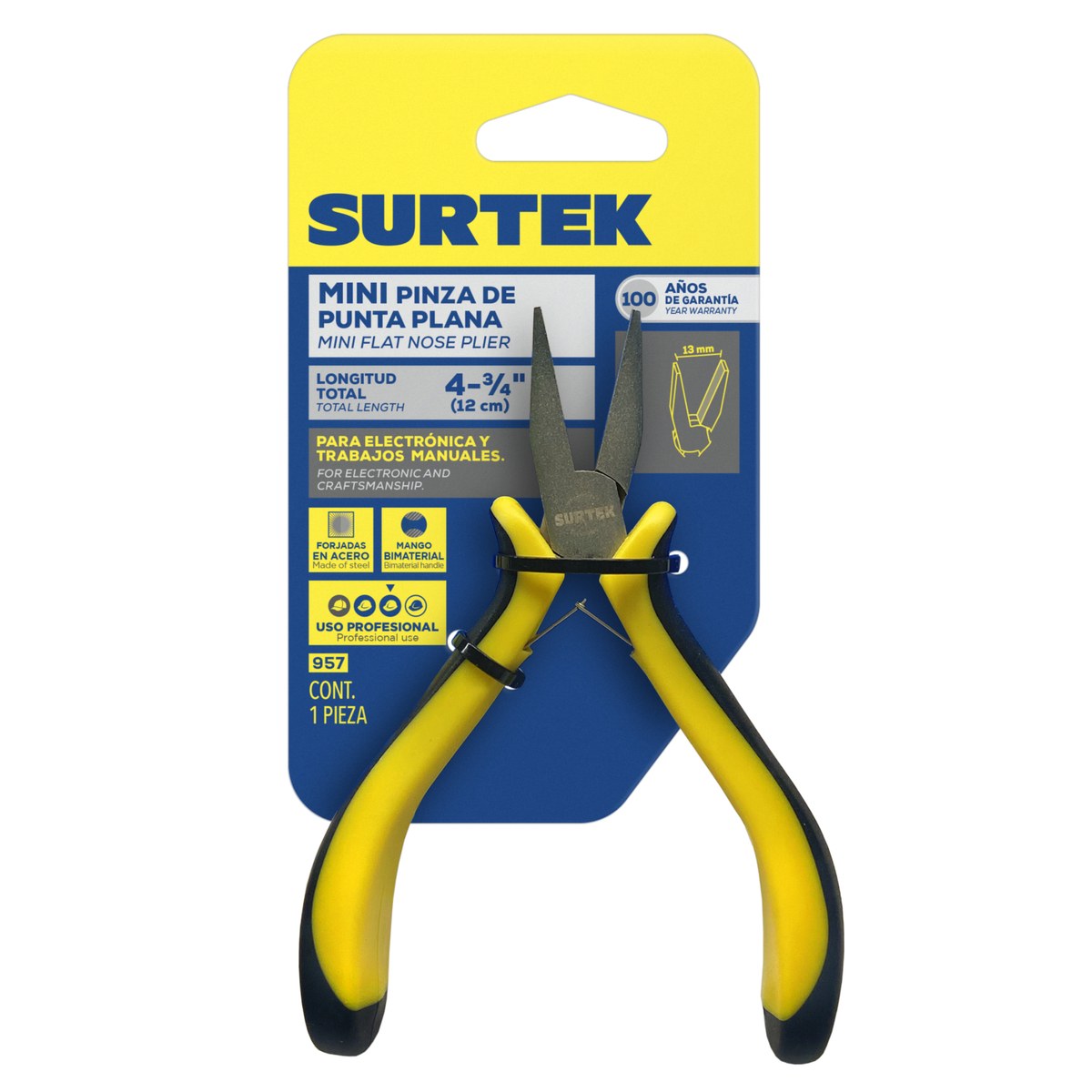 Mini pinza para electrónica con mango bimaterial de 4-3/4" punta plana Surtek - Imagen 2
