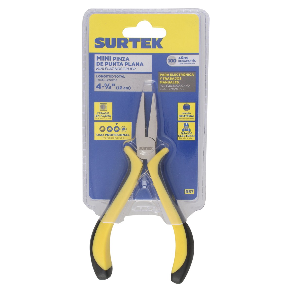 Mini pinza para electrónica con mango bimaterial de 4-3/4" punta plana Surtek - Imagen 3