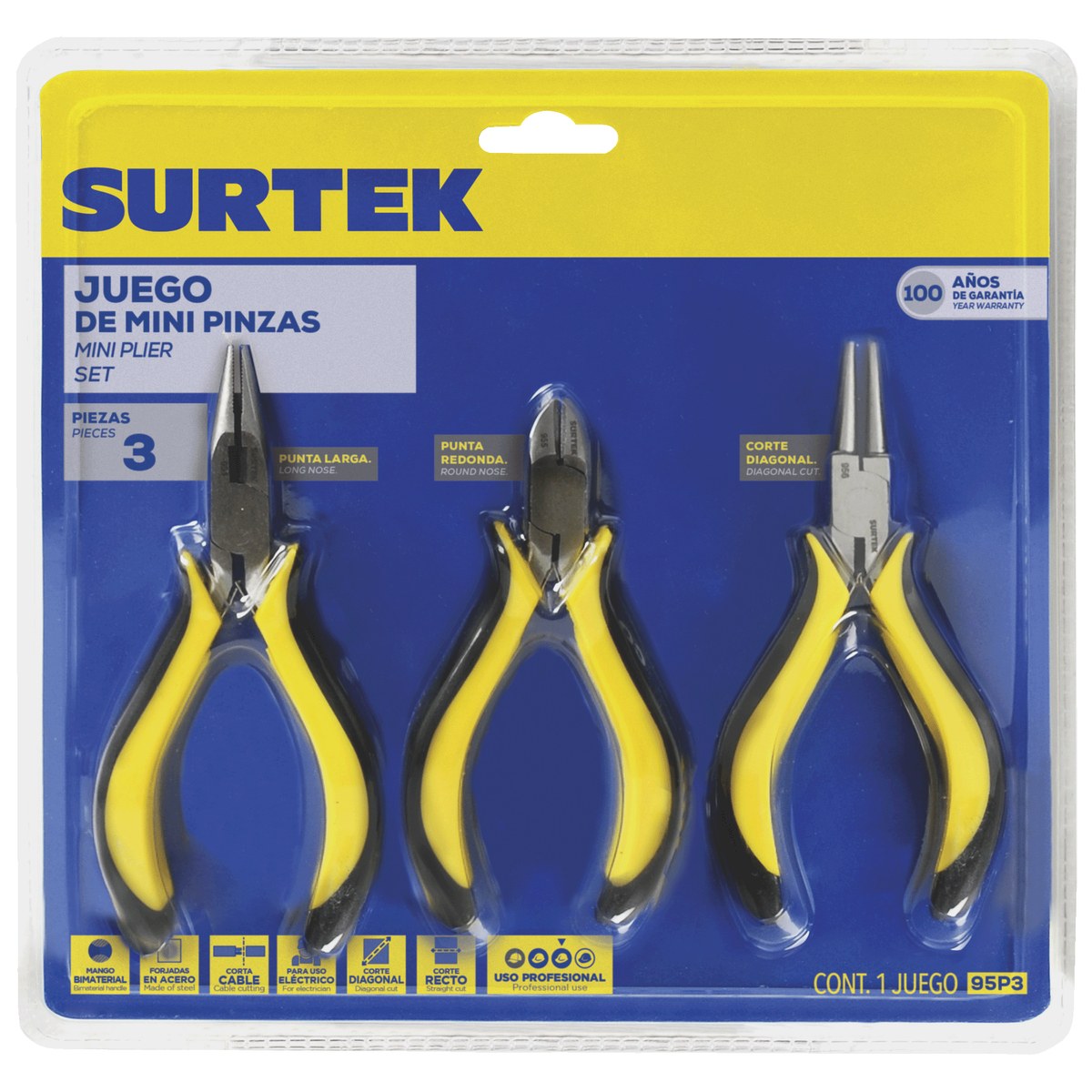 Juego de mini pinzas con mango bimaterial para electrónica, 3 piezas Surtek - Imagen 2