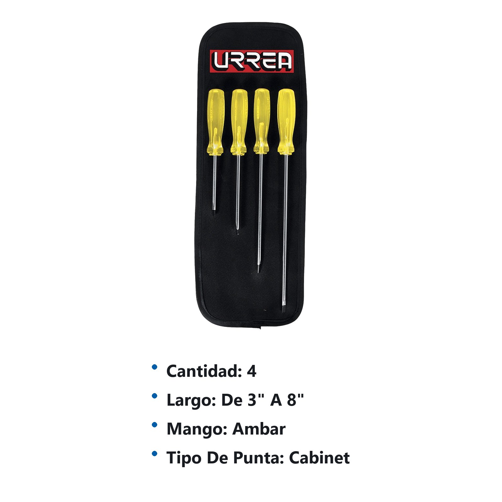 Juego de destornilladores con mango ámbar punta cabinet, 4 piezas en estuche Urrea - Imagen 3