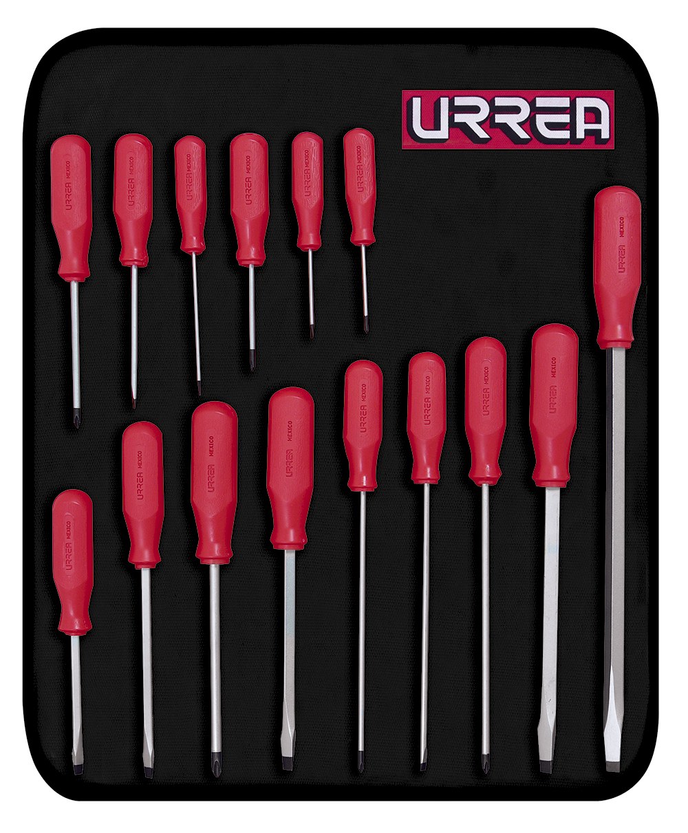 Juego de destornilladores con mango rojo, combinados, 15 piezas en estuche Urrea