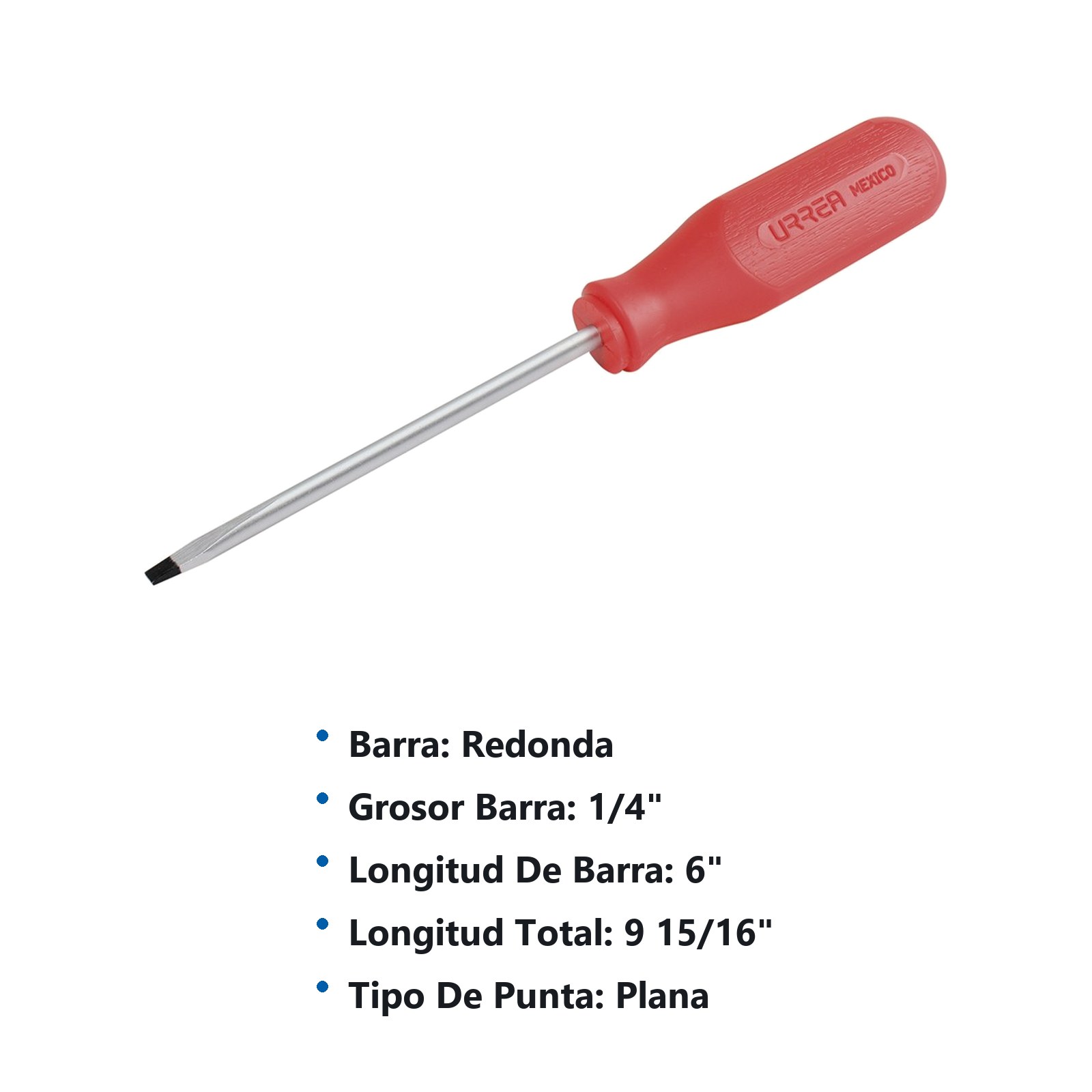 Destornillador con mango rojo, punta plana barra redonda 1/4" x 6" Urrea - Imagen 2