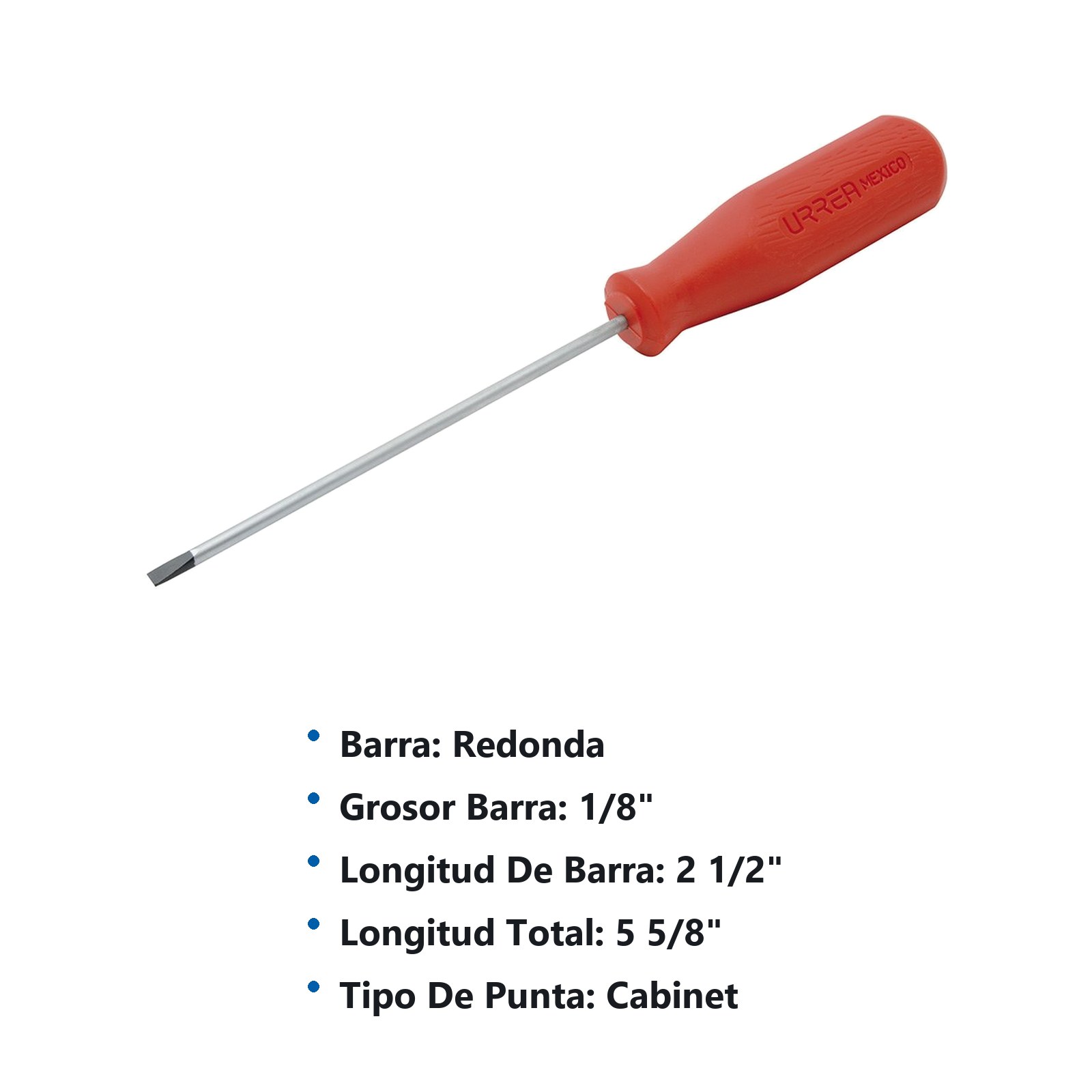 Destornillador con mango rojo, punta cabinet barra redonda 1/8" x 2-1/2" Urrea - Imagen 2