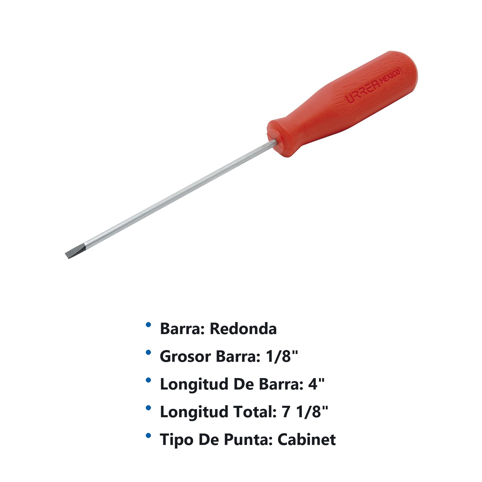 Destornillador con mango rojo, punta cabinet barra redonda 1/8" x 4" Urrea - Imagen 2