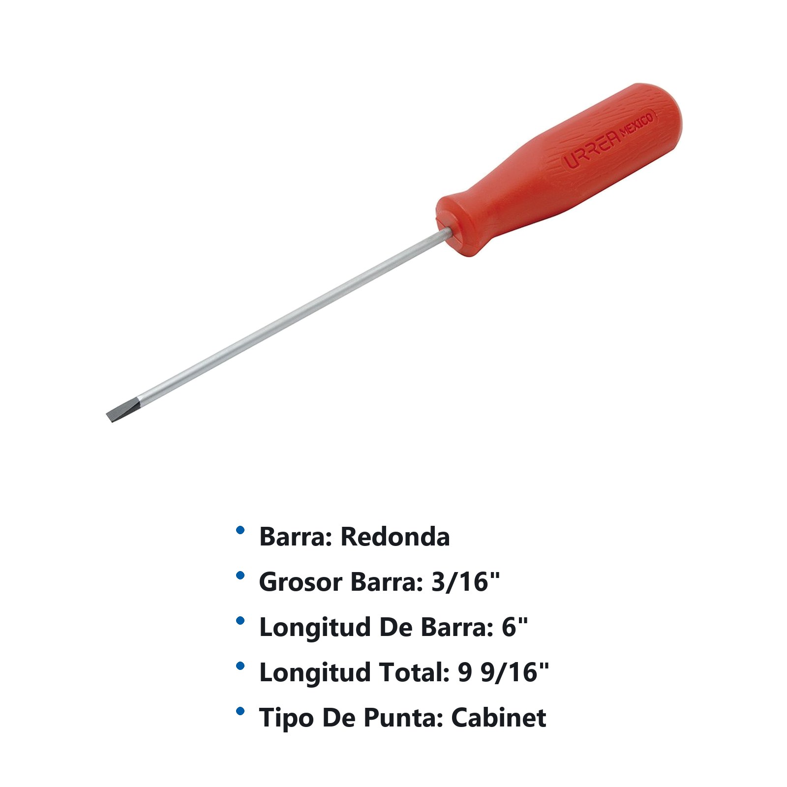Destornillador con mango rojo, punta cabinet barra redonda 3/16" x 6" Urrea - Imagen 2