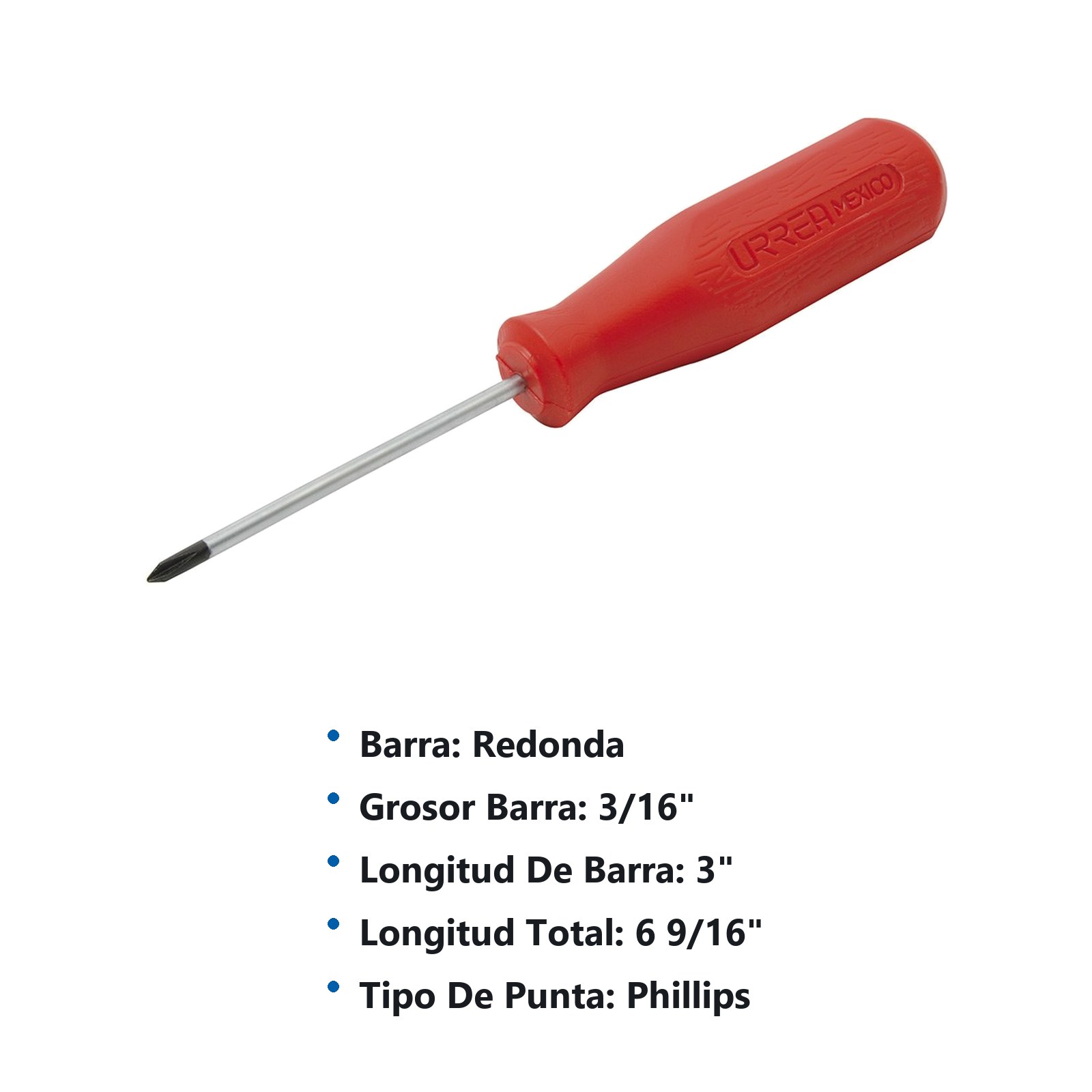 Destornillador con mango rojo, punta Phillips barra redonda #1 x 3" Urrea - Imagen 2