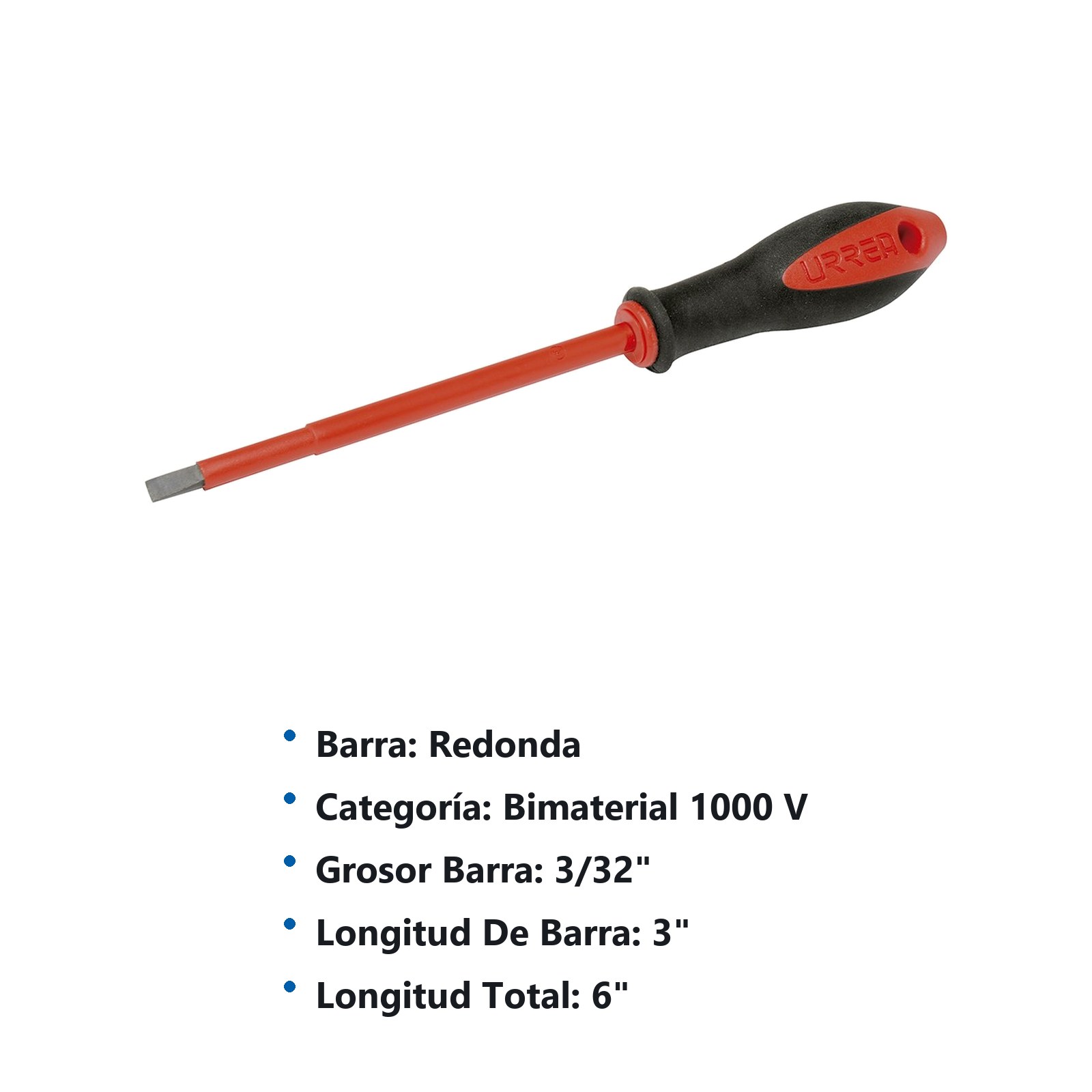 Destornillador con mango bimaterial 1000 V, punta plana 3/32" x 3" Urrea - Imagen 2