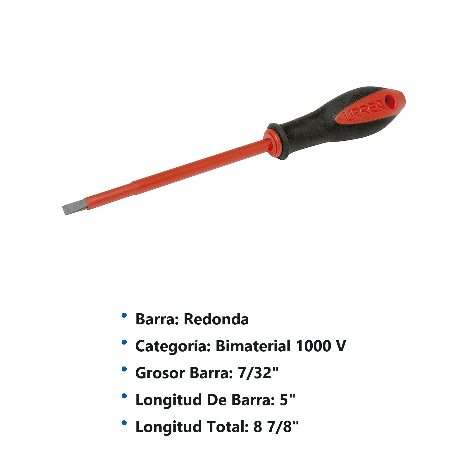 Destornillador con mango bimaterial 1000 V, punta plana de 7/32" x 5" Urrea - Imagen 2