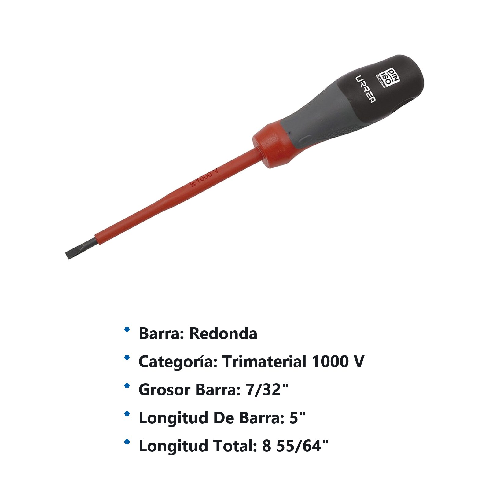 Destornillador con mango trimaterial 1000 V, punta plana 7/32" x 5" Urrea - Imagen 2