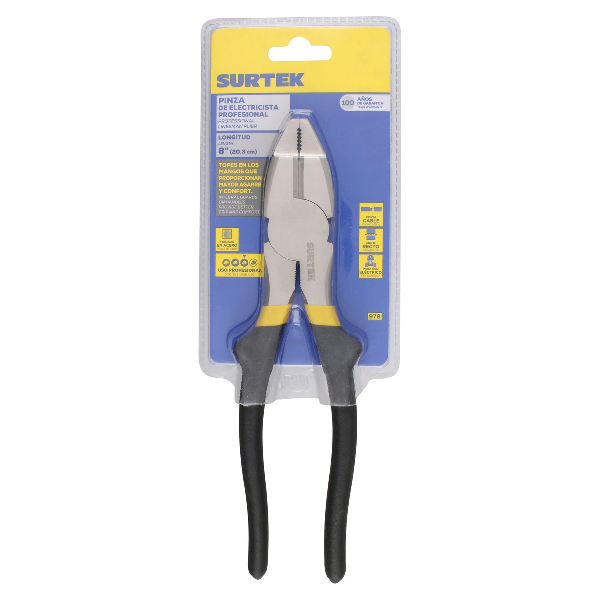 Pinza para electricista con mango rubber grip de 8" corte lateral nariz cuadrada Surtek - Imagen 2