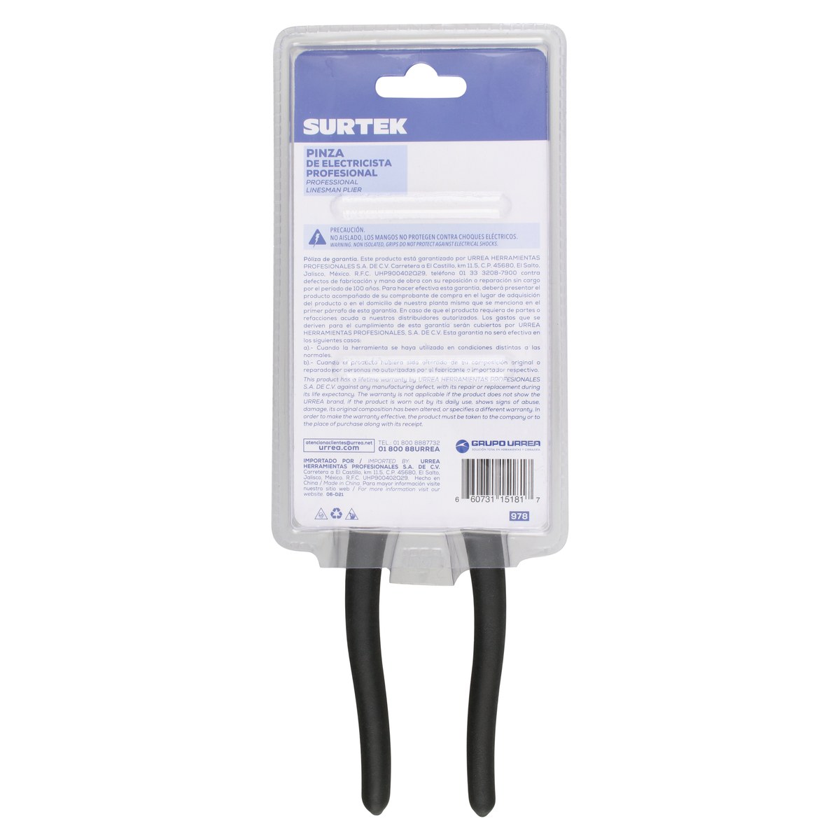 Pinza para electricista con mango rubber grip de 8" corte lateral nariz cuadrada Surtek - Imagen 3