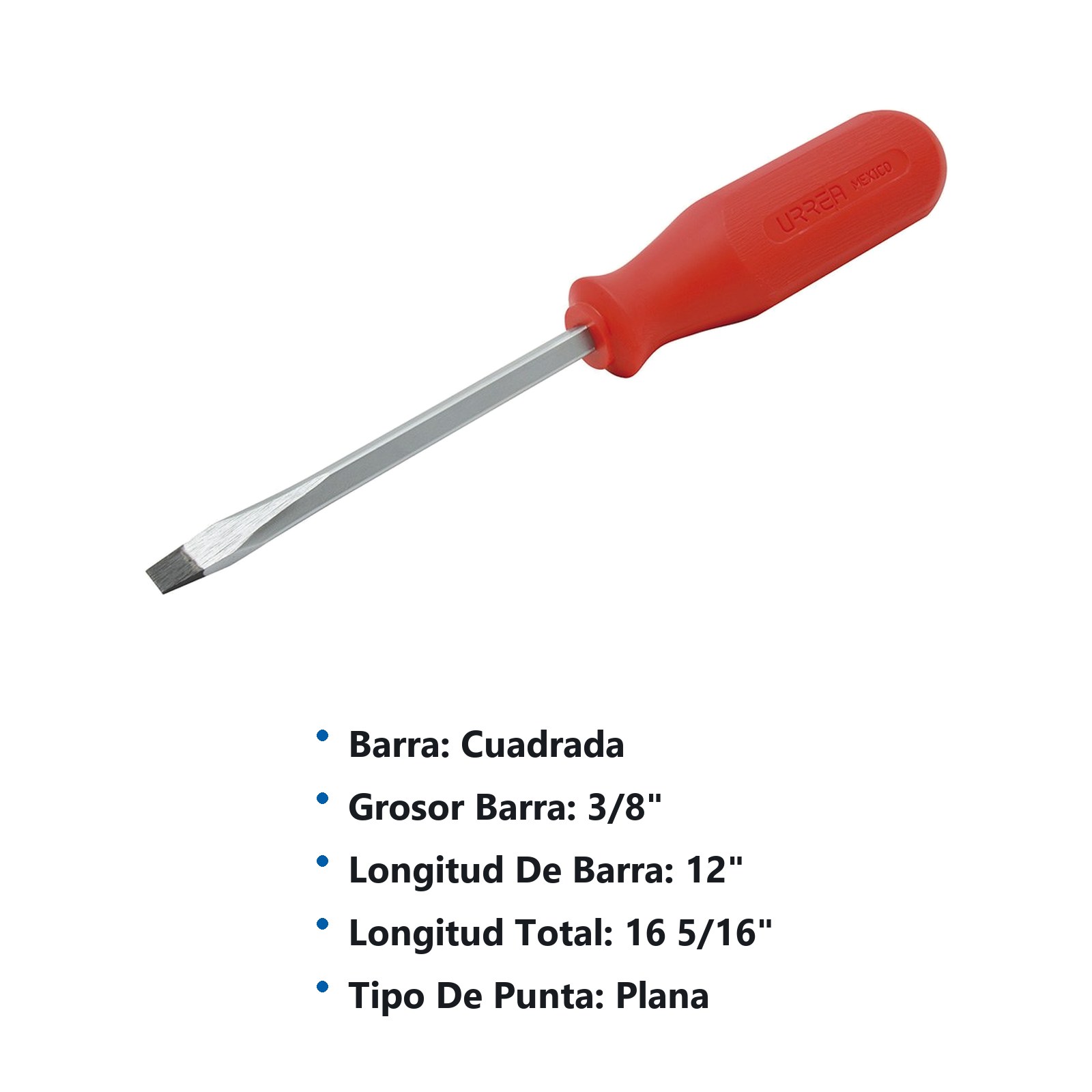 Destornillador con mango rojo, punta plana barra cuadrada 3/8" x 12" Urrea - Imagen 2