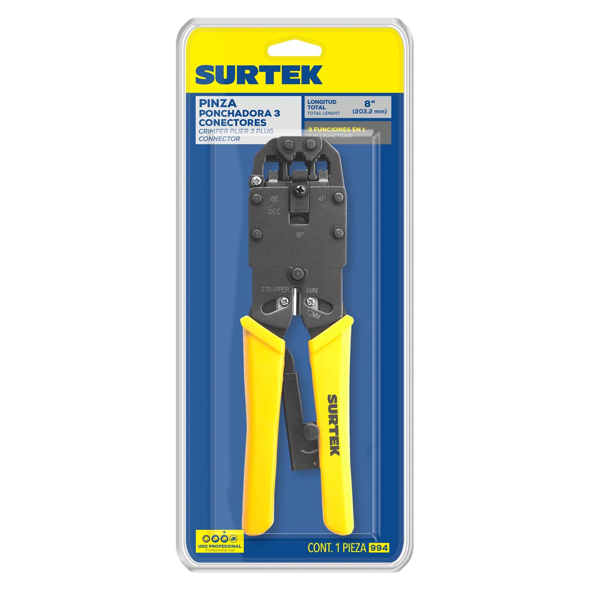 Pinza ponchadora modular 8" para conectores RJ45, RJ12, RJ9 Surtek - Imagen 2