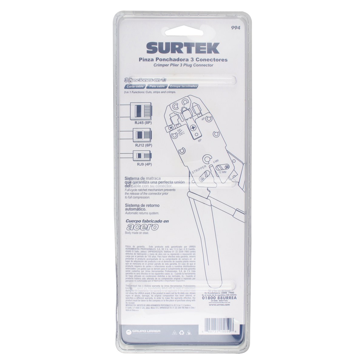 Pinza ponchadora modular 8" para conectores RJ45, RJ12, RJ9 Surtek - Imagen 4